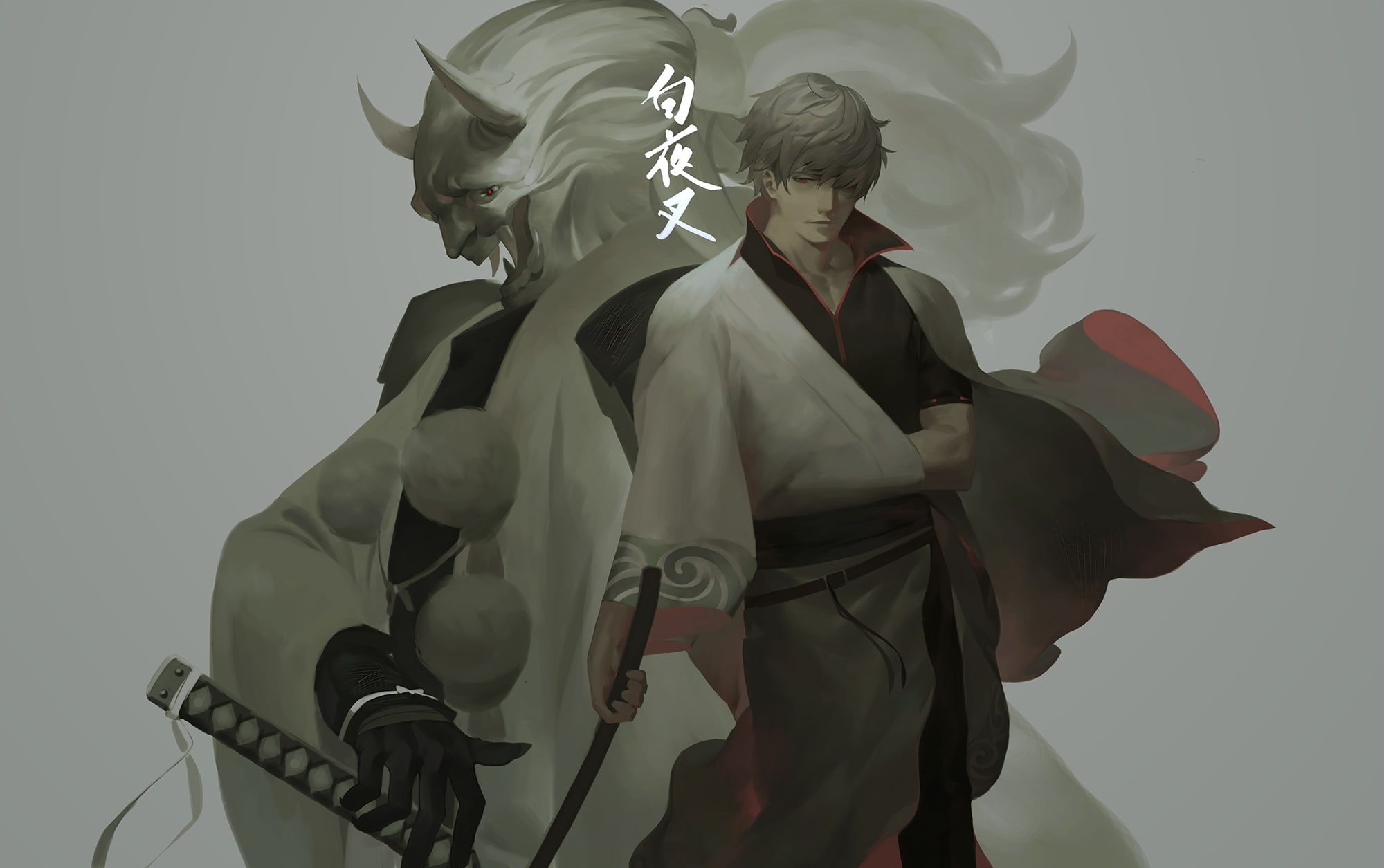 demon, female likeness, gintama, creativity, gray background, male likeness, red eye, human representation, low angle view, gray, 1080P, sakata gintoki, HD Wallpaper