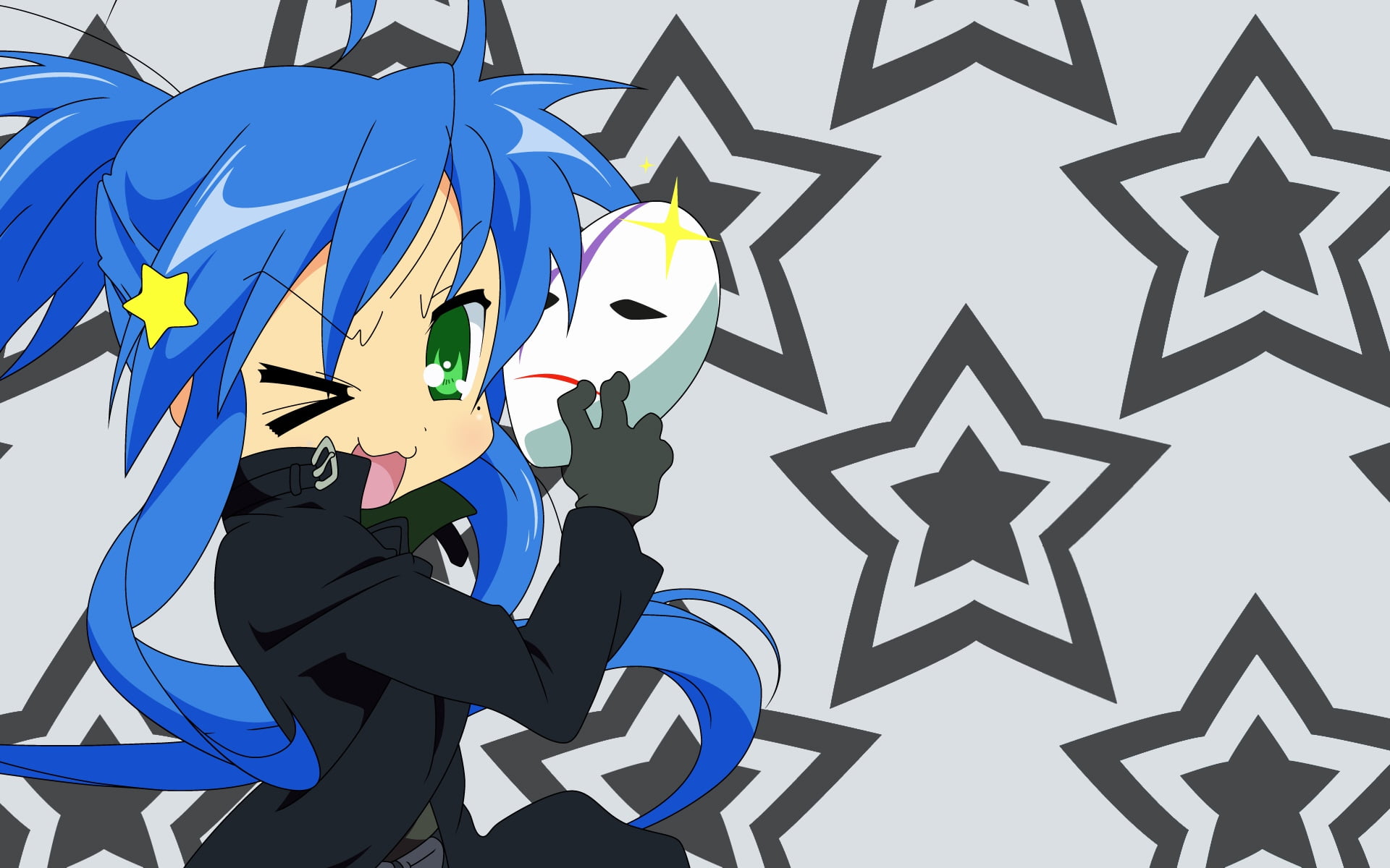 green  eyes, communication, Lucky Star, 1080P, green eyes, art and craft, gesturing, Hei, nature, human representation, blue hair, day, Izumi Konata, outdoors, HD Wallpaper