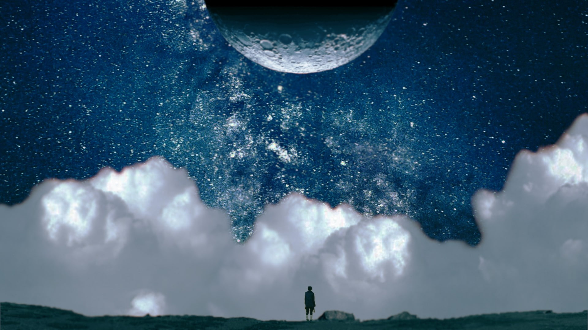 artwork, Hei, sky, Moon, clouds, alone, 1080P, blue, HD Wallpaper