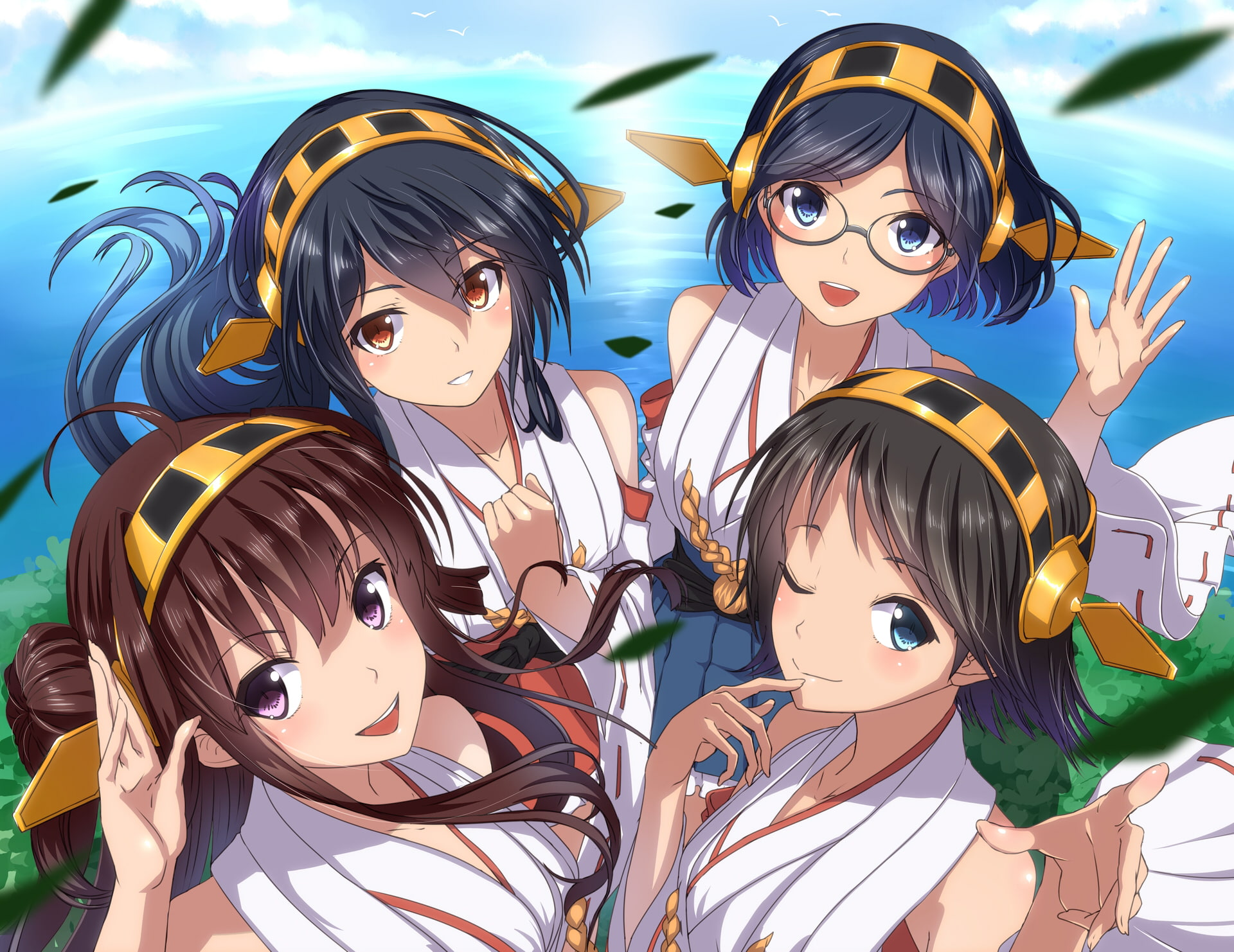 kantai, touboku, kancolle, hiei, water, glasses, collection, miko, 1080P, long, orange, short, headband, japanese, eyes, blue, clothes, wink, black, brown, HD Wallpaper