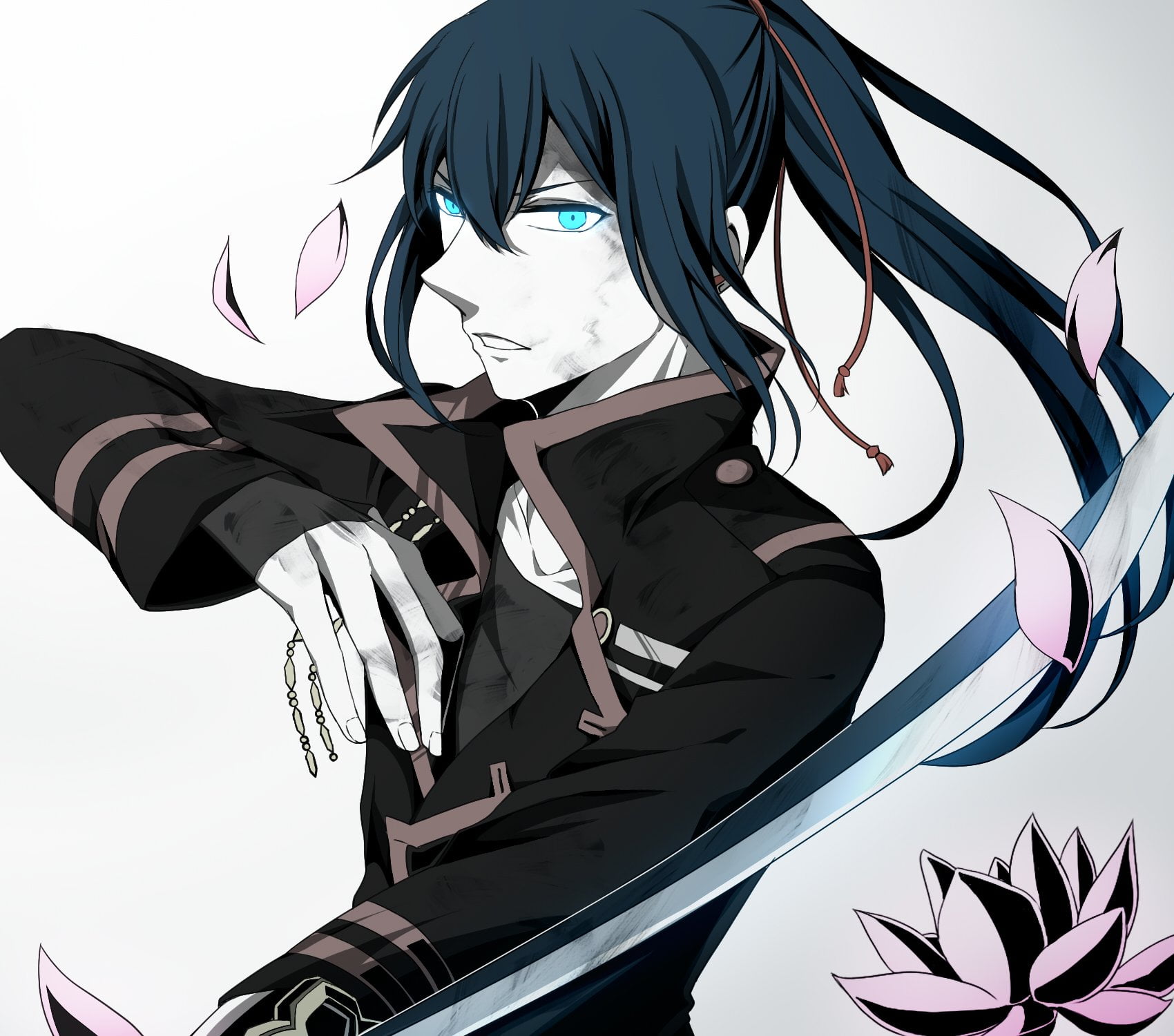 close-up, creativity, outdoors, Sword, nature, Blue Hair, Petal, human representation, Ponytail, day, leisure activity, sky, Blue Eyes, Anime, Flower, Long Hair, HD Wallpaper