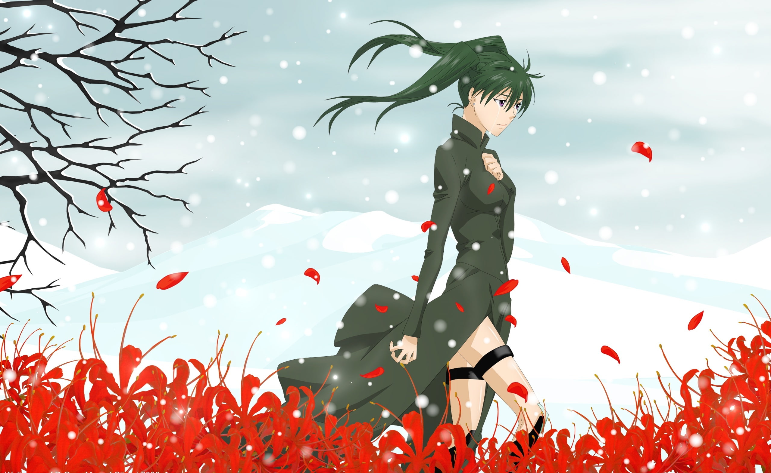 Gray, one person, leisure activity, Anime, representation, coat, flowering plant, 2K, red, d, field, digital composite, outdoors, decoration, flower, real people, HD Wallpaper