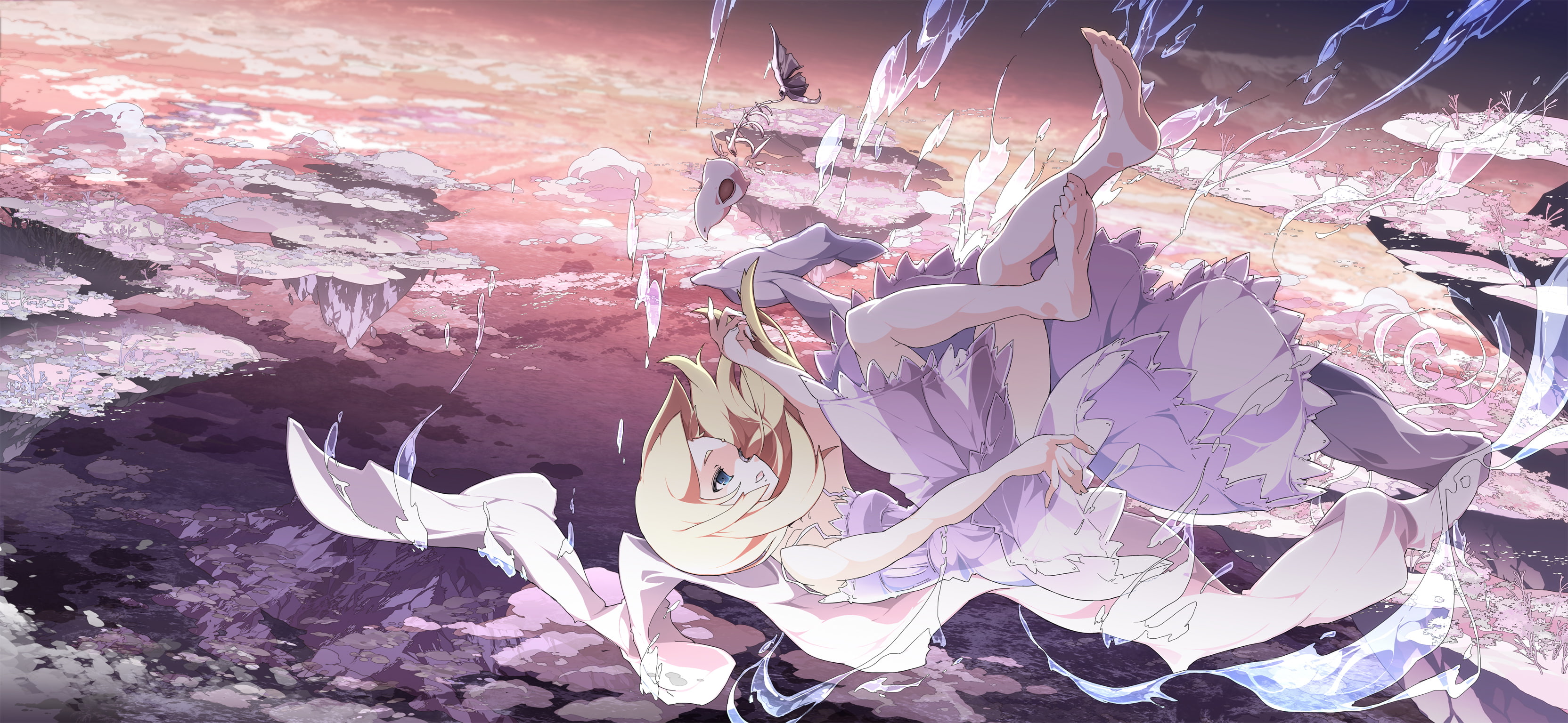 2K, sky, asakura, barefoot, clouds, dress, original, blonde, masatoki, hair, HD Wallpaper