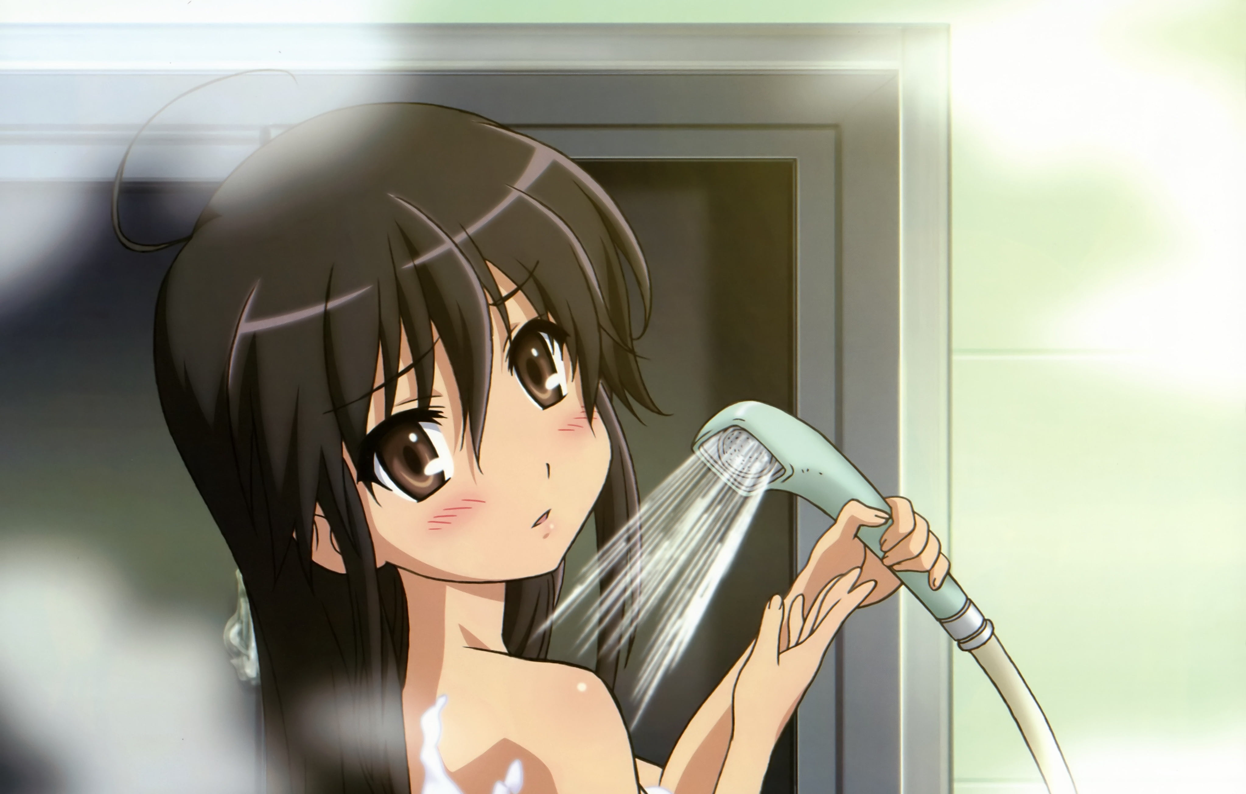 hairstyle, representation, water, portrait, mirror, female likeness, sunlight, black, anime, illuminated, focus on foreground, shower, real people, people, HD Wallpaper
