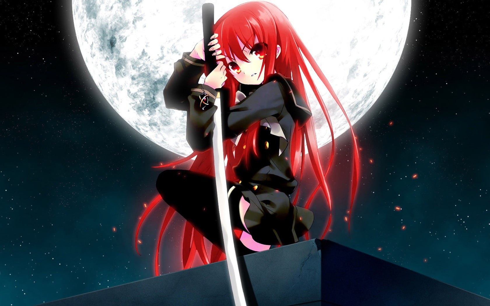 red eyes, anime, stockings, Shana, 720P, school uniform, Moon, redhead, anime girls, Shakugan no Shana, long hair, HD Wallpaper