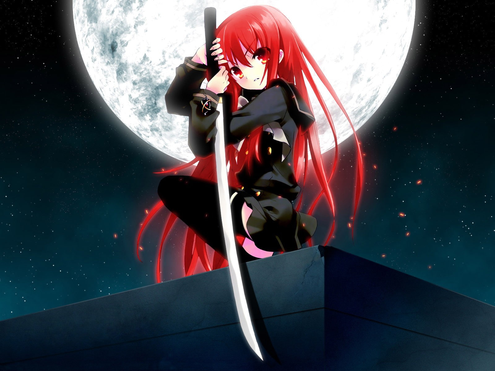 red eyes, 720P, Moon, Shakugan no Shana, anime girls, redhead, anime, long hair, school uniform, stockings, Shana, HD Wallpaper
