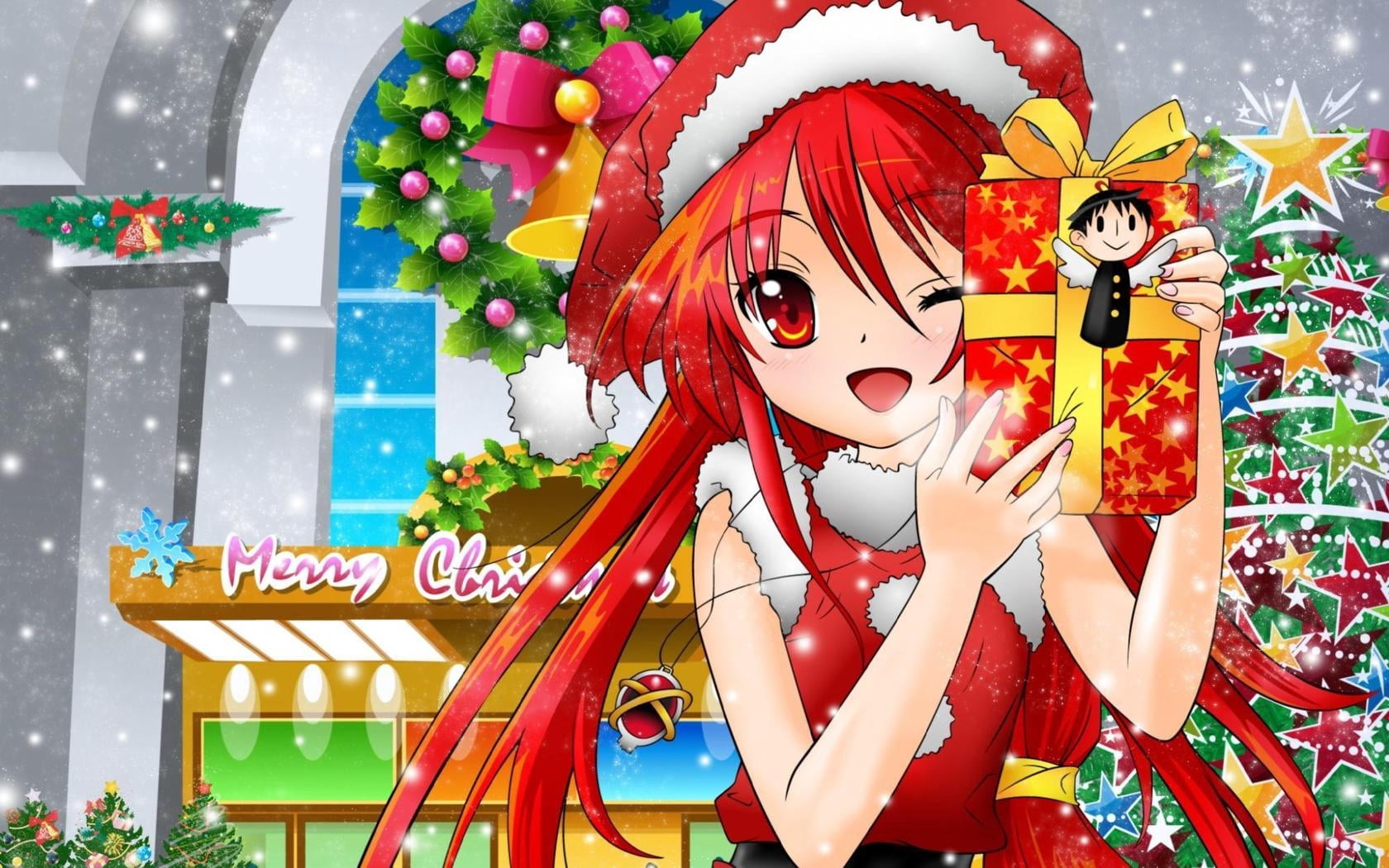 backgrounds, anime, female, red, haired, santa Claus, human Face, real people, christmas ornament, gift, happiness, cheerful, leisure activity, decoration, HD Wallpaper