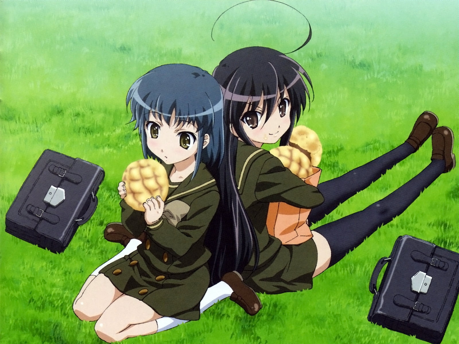 offspring, grass, anime, child, outdoors, two people, males, food, green color, emotion, socks, friendship, shakugan no shana, illustration, black, men, HD Wallpaper