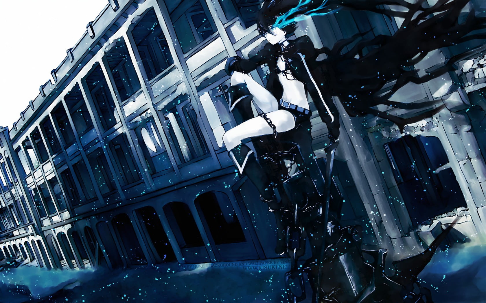 tilt, building, character, transportation, no people, anime girls, waterfront, wet, reflection, built structure, low angle view, water, nature, 720P, Black Rock Shooter, HD Wallpaper