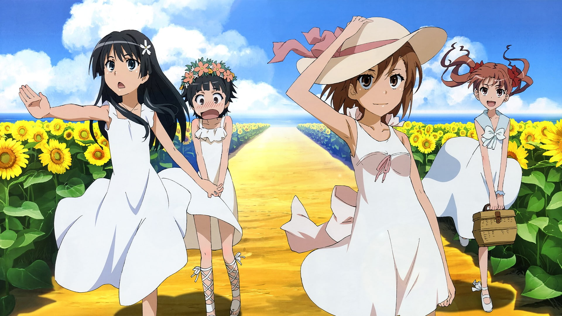 railgun, mikoto, toaru, uiharu, kagaku, sunflowers, shirai, saten, kuroko, girls, anime, kazari, summer, ruiko, dress, misaka, 1080P, scans, HD Wallpaper