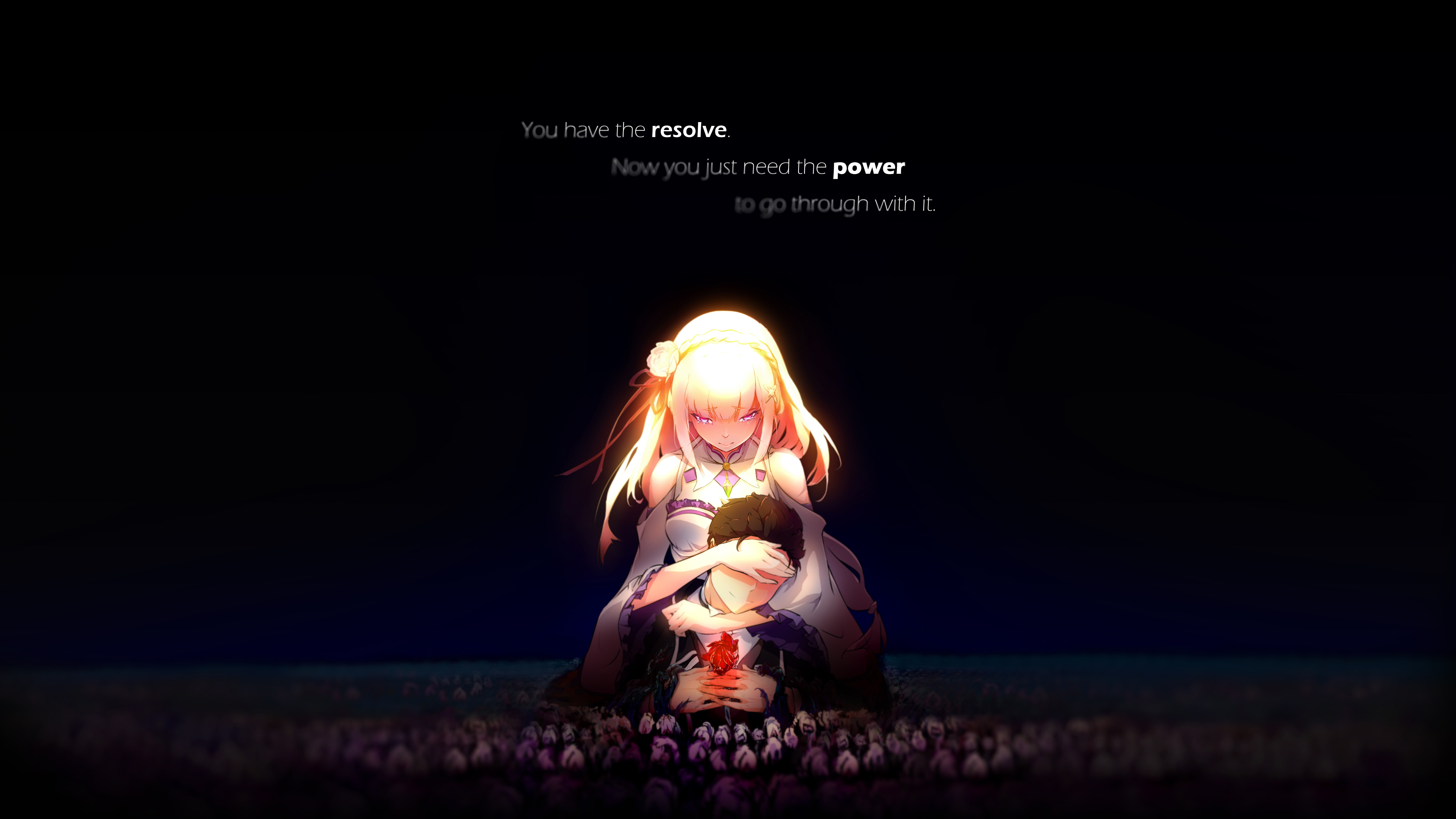 flowers, field, Natsuki Subaru, dark, Re:Zero Kara Hajimeru Isekai Seikatsu, 8K, anime boys, anime girls, typography, anime, Emilia (Re: Zero), HD Wallpaper