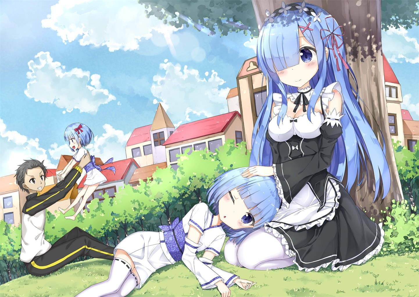 arts culture and entertainment, musician, blue eyes, anime girls, sky, group of people, cloud - sky, short hair, Rem (Re: Zero), open shirt, Re:Zero Kara Hajimeru Isekai Seikatsu, HD Wallpaper
