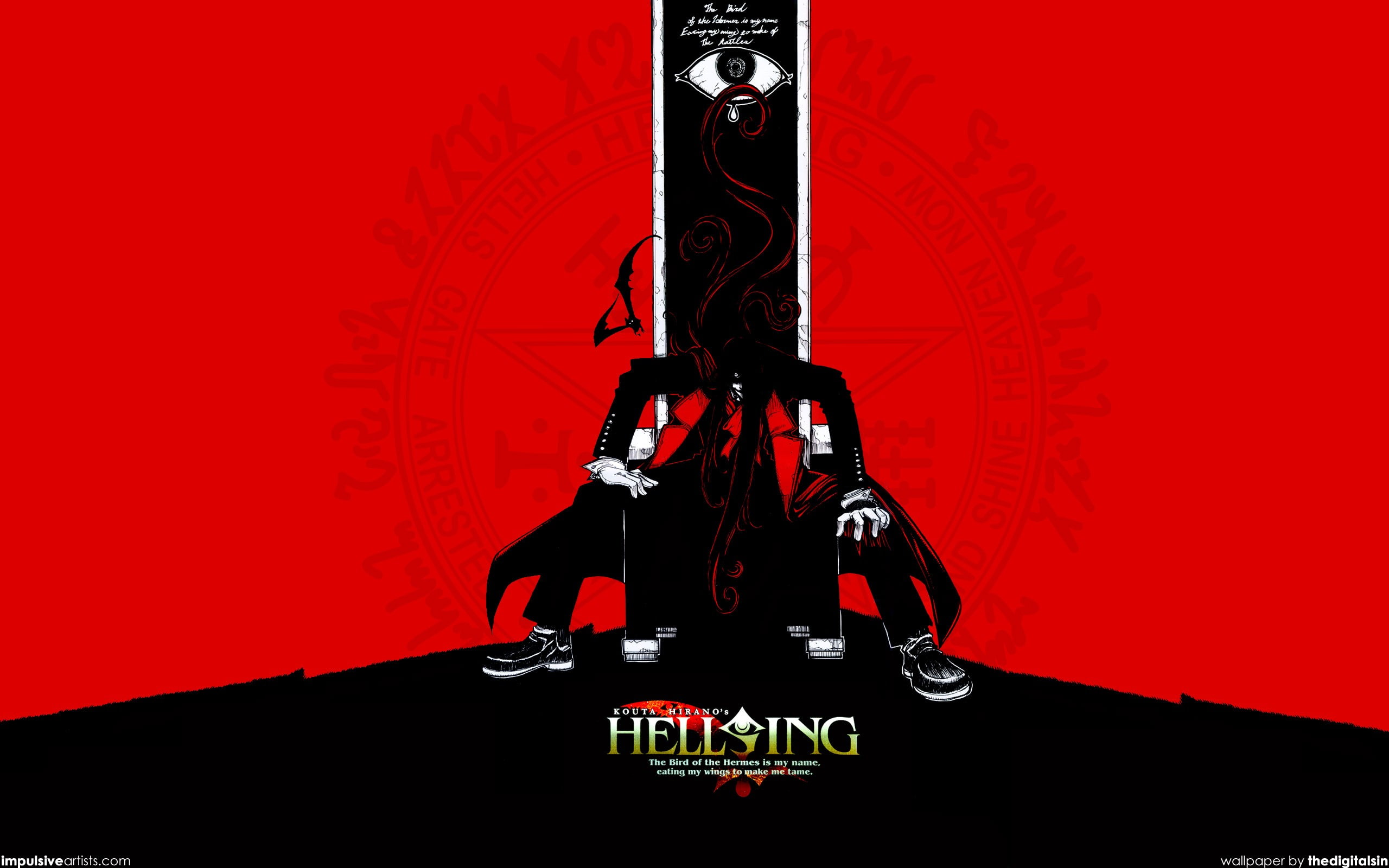 2K, nature, transportation, red, land vehicle, front view, shadow, Hellsing, representation, machinery, human representation, robot, Alucard, text, black color, HD Wallpaper