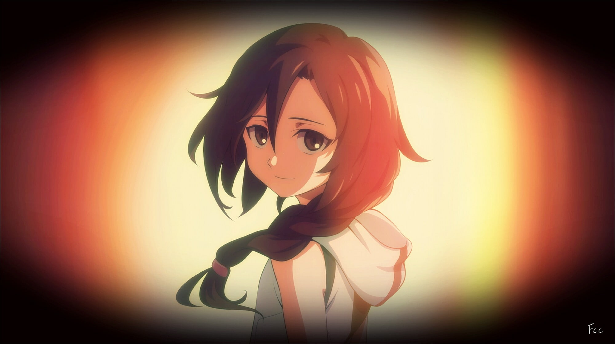 side view, 1080P, one person, long hair, colored background, brunette, women, brown eyes, fear, human face, hoods, hair, portrait, hairstyle, anime, studio shot, HD Wallpaper