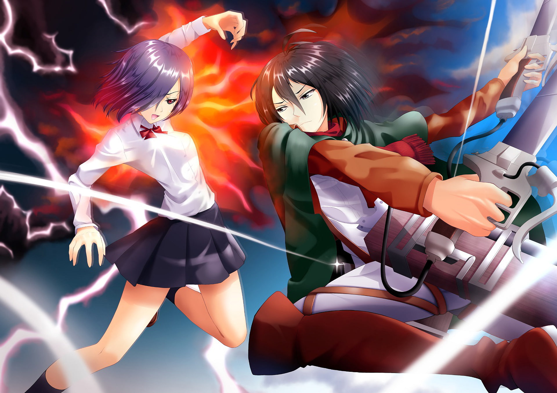 Crossover, 1080P, Anime, Touka Kirishima, Mikasa Ackerman, HD Wallpaper