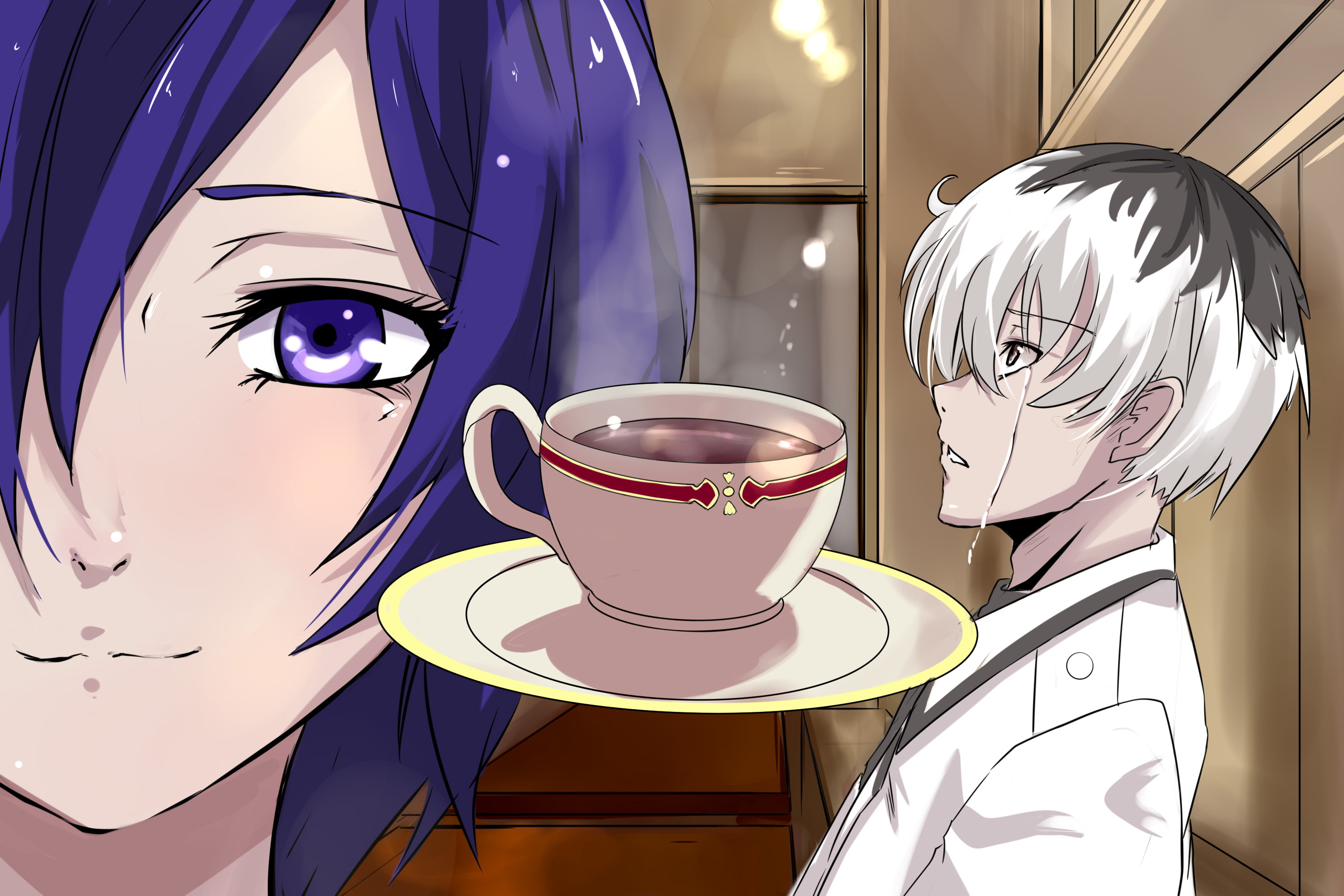 White Hair, Anime, Blue Hair, Tears, Touka Kirishima, Ken Kaneki, Tokyo Ghoul:re, Blue Eyes, 2K, HD Wallpaper