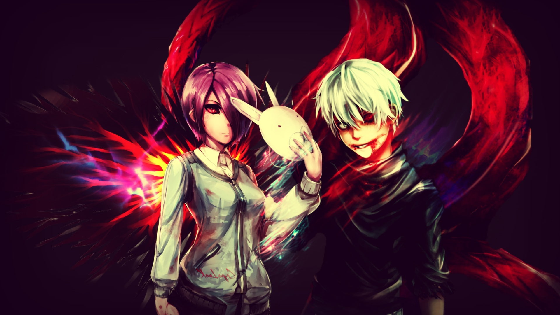 event, indoors, lifestyles, waist up, glowing, studio shot, black background, Tokyo Ghoul, festival, multi colored, leisure activity, arts culture and entertainment, HD Wallpaper