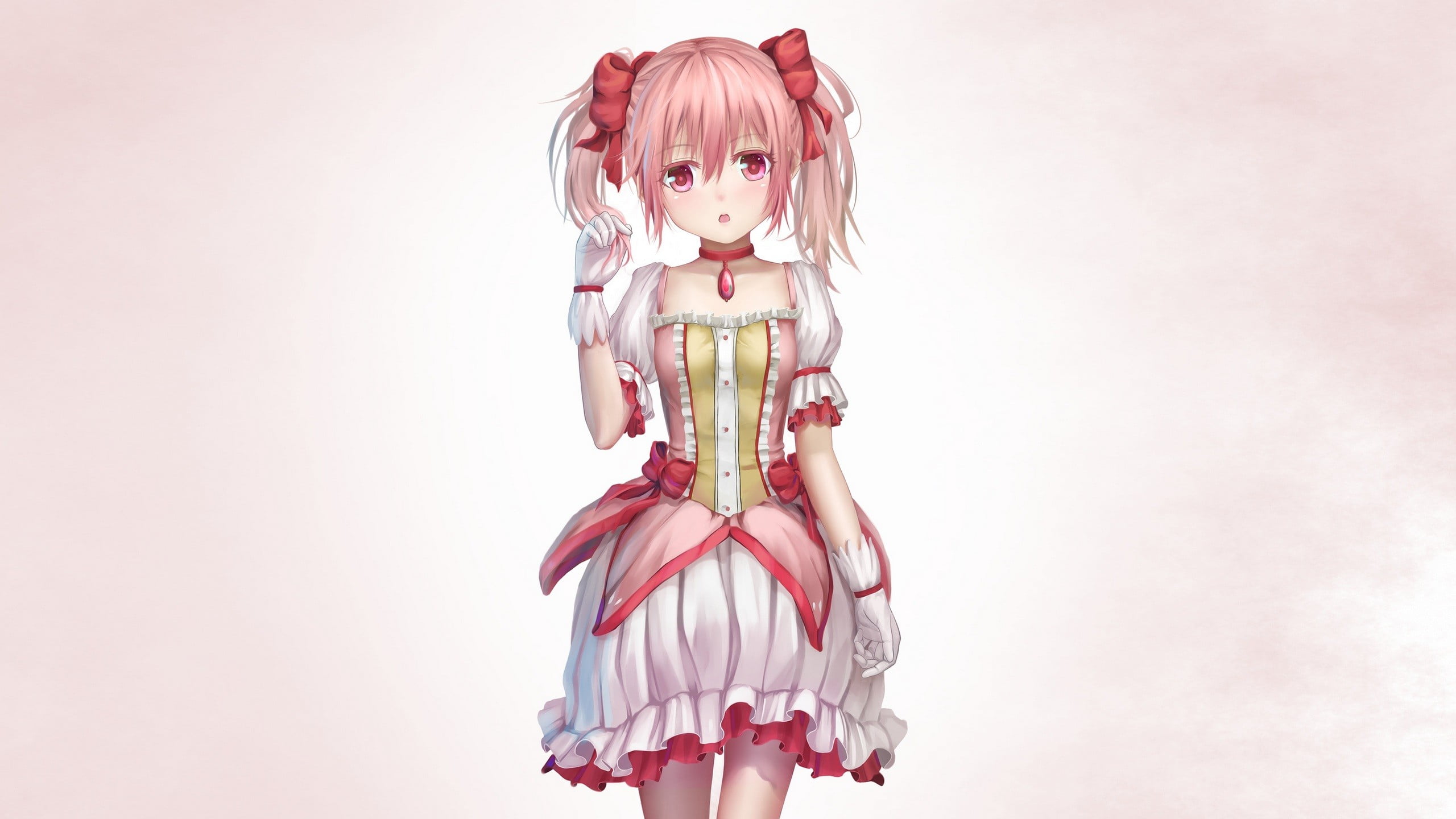 Mahou Shoujo Madoka Magica, white background, close-up, clothing, hair, females, women, one person, character, simple background, indoors, pink, twintails, HD Wallpaper