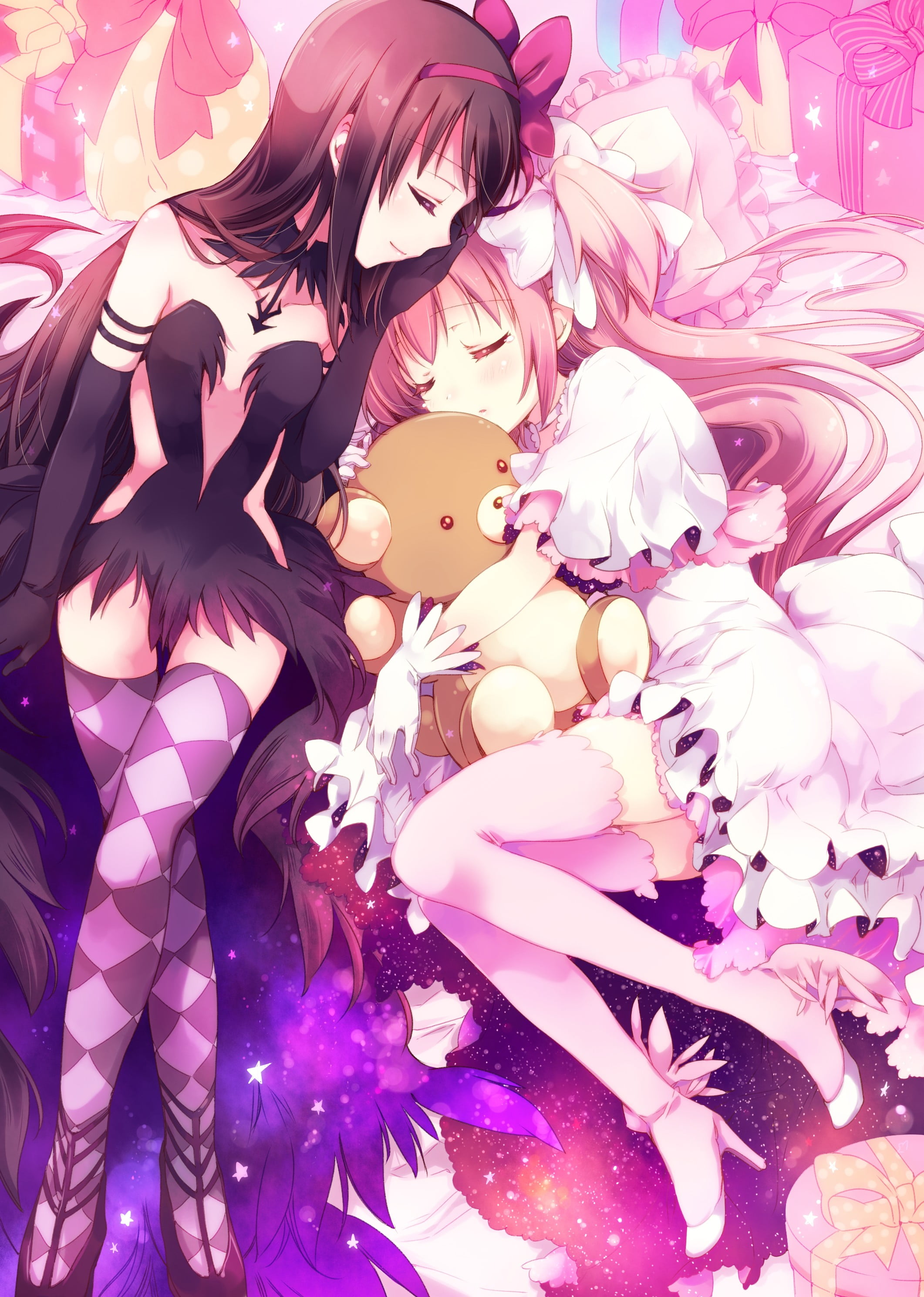high angle view, flower, Akemi Homura, no people, teddy bears, digital composite, freshness, anime girls, flowering plant, indoors, anime, plant, petal, Phone HD Wallpaper