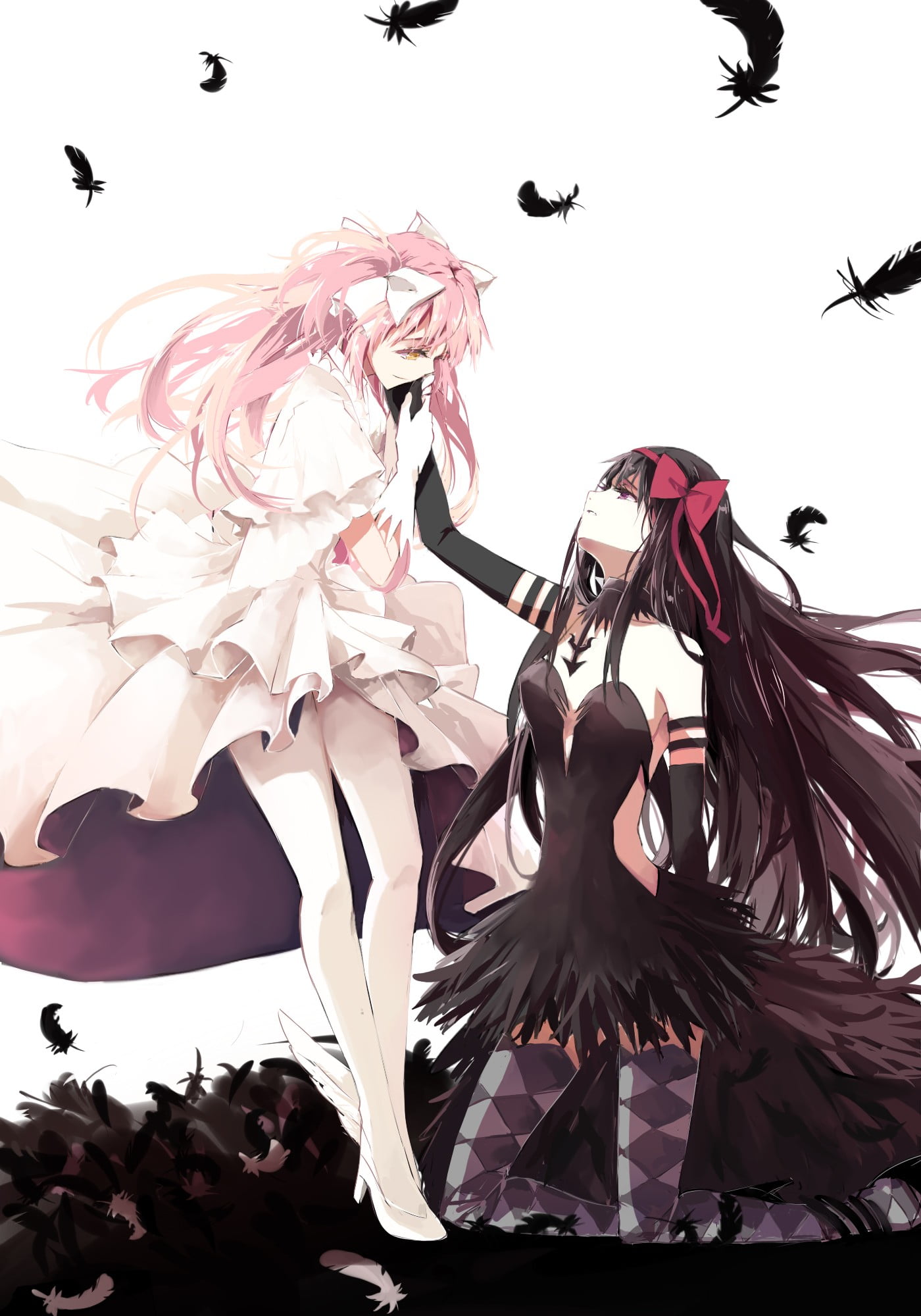 dancing, flying, Kaname Madoka, Akemi Homura, costume, anime, indoors, representation, art and craft, 1080P, Mahou Shoujo Madoka Magica, bird, beauty in nature, Phone HD Wallpaper