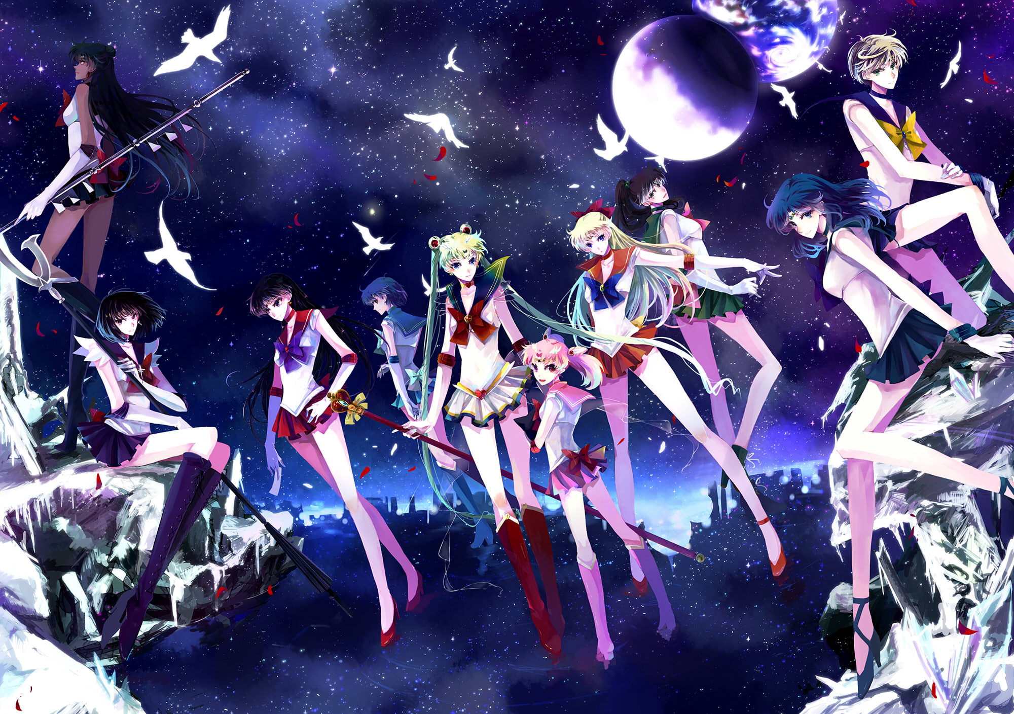 ponytail, 1080P, pink, hair, blue, group, hino, stars, sky, petals, bird, animal, chibiusa, gloves, moon, rei, twintails, long, staff, boots, ribbons, HD Wallpaper