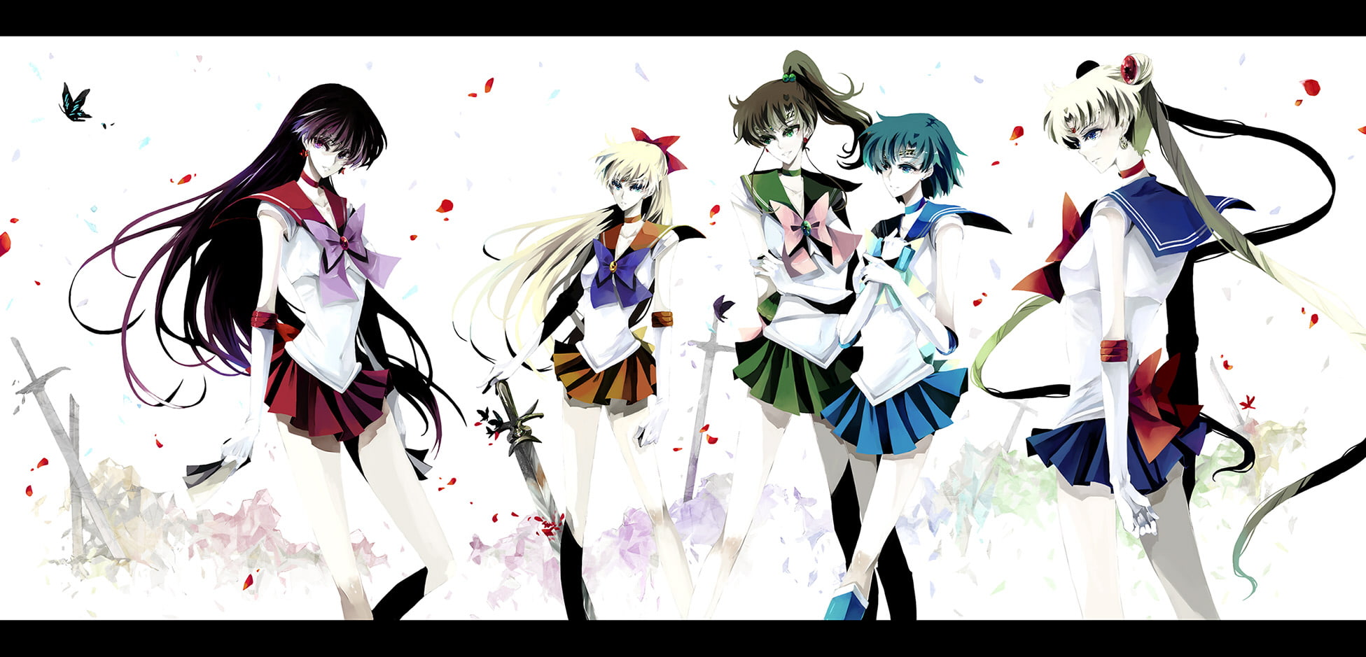 hair, sword, short, gloves, red, 1080P, ribbons, ami, weapon, hino, ponytail, twintails, rei, skirt, brown, eyes, blue, black, long, mizuno, HD Wallpaper