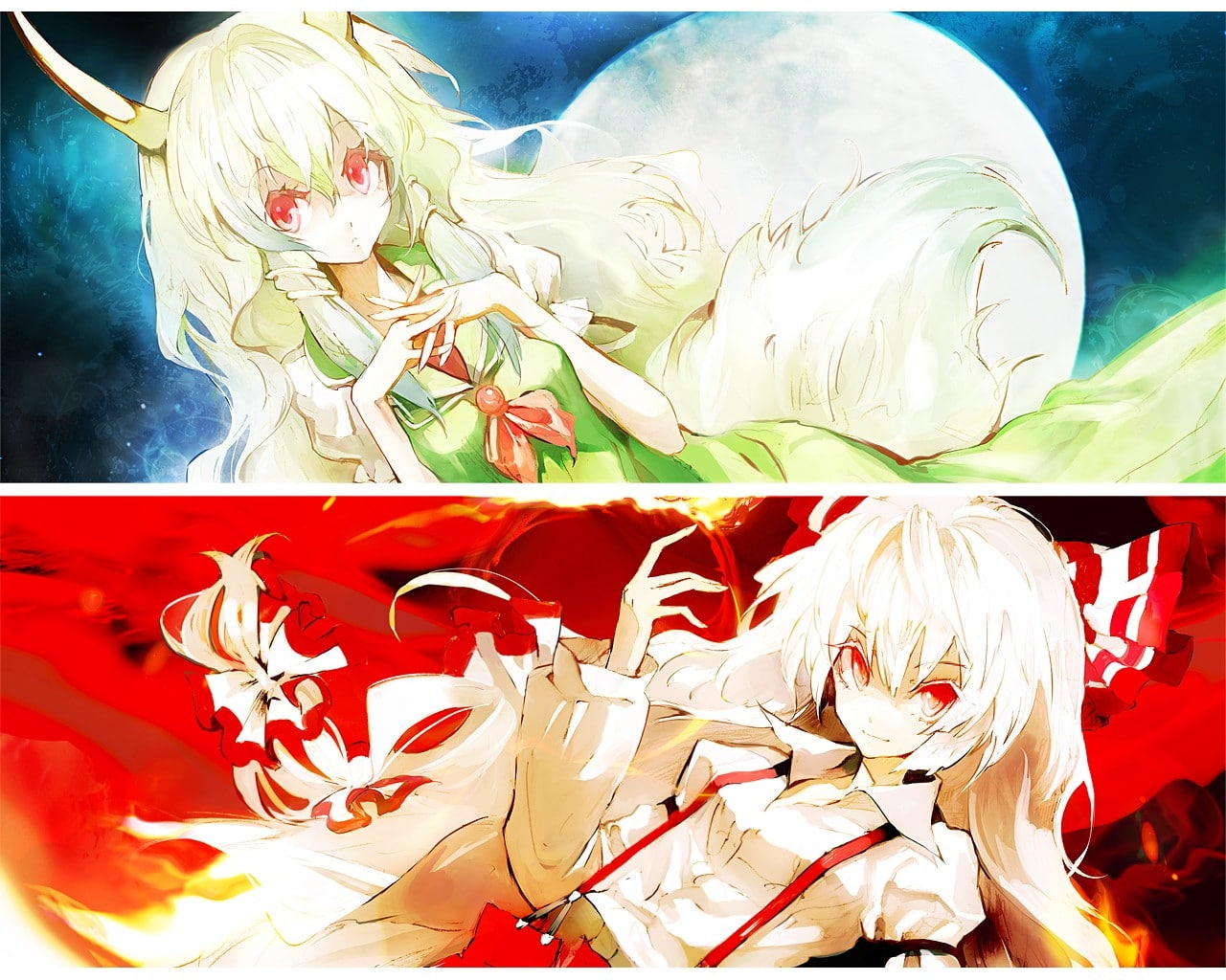 Touhou, art, keine, 720P, horns, akira, white, hair, anime, mokou, hd, exkeine, fujiwara, red, bows, tails, eyes, kamishirasawa, long, HD Wallpaper