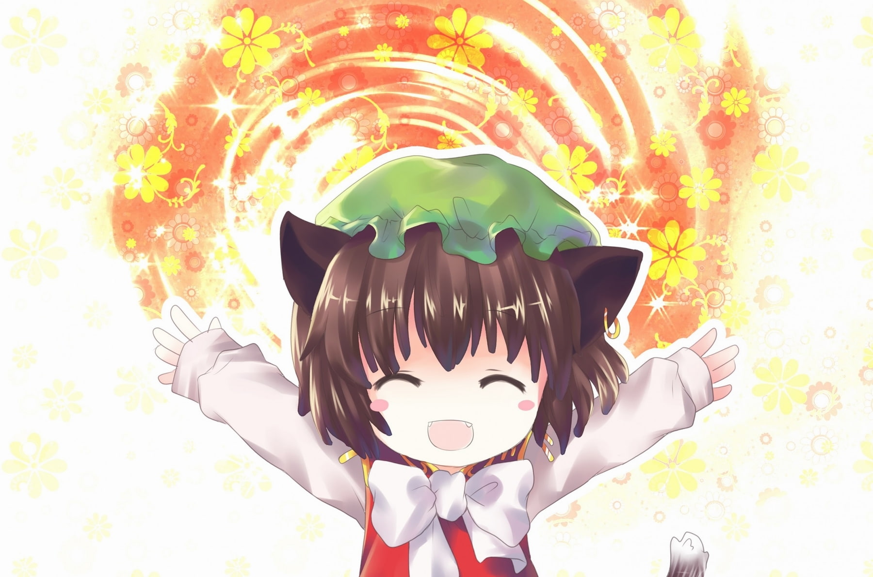 nekomimi, Touhou, art, hd, video, ears, sparkles, Video Games, tails, smiling, Flowers, short, animal, 720P, hair, games, cat, brunettes, HD Wallpaper
