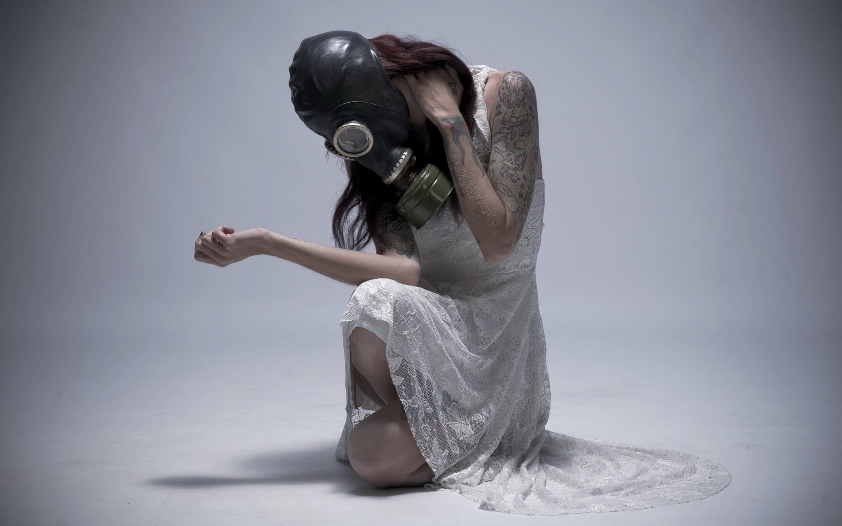 indoors, gas masks, casual clothing, hairstyle, dancing, model, unrecognizable person, one person, disguise, 720P, women, studio shot, real people, young women, HD Wallpaper