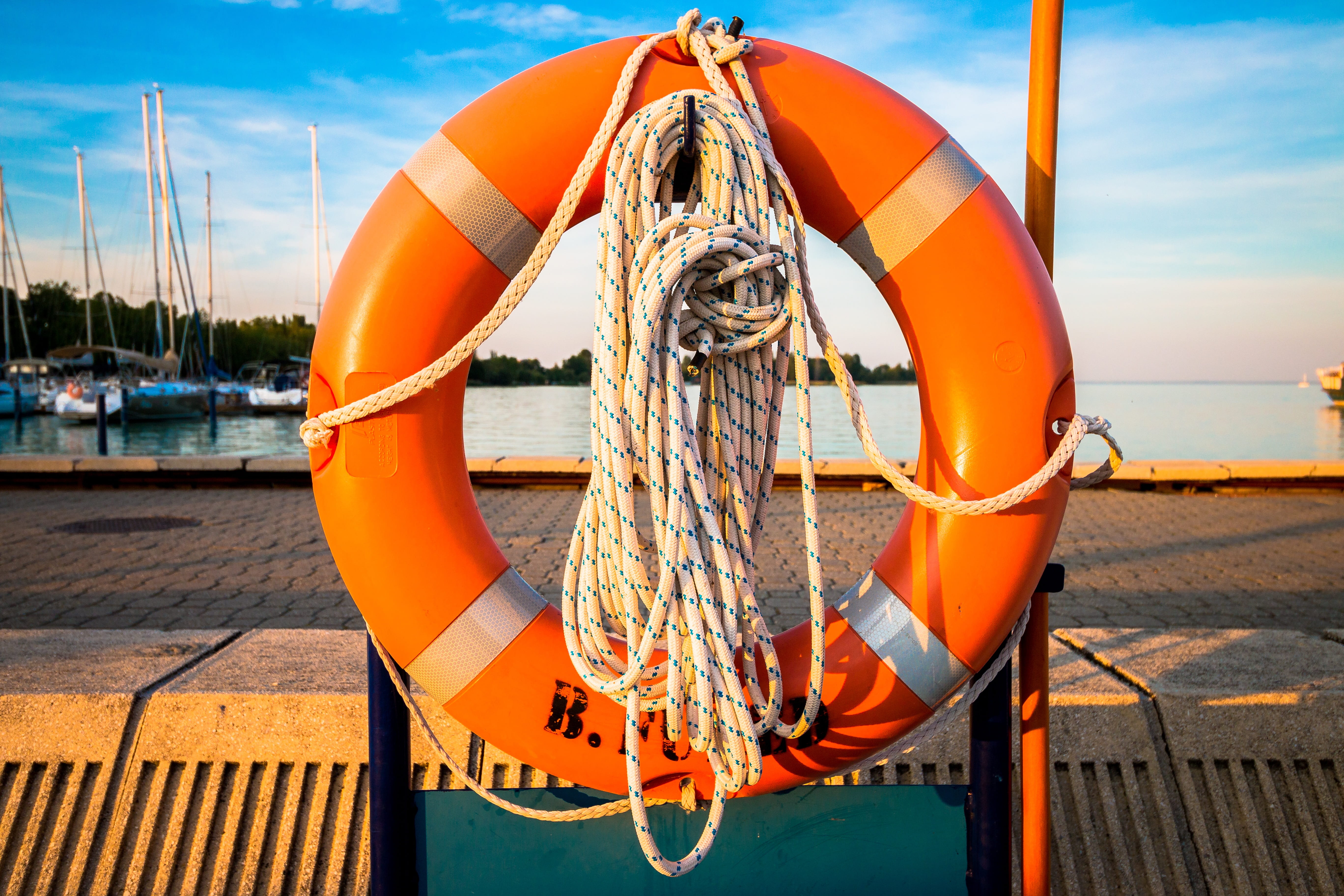 5K, photo, buoy, sunset, rescue, safety, fishing net, orange, day, round, equipment, daytime, emergency, lifeguard, water, preserver, risk, orange color, HD Wallpaper