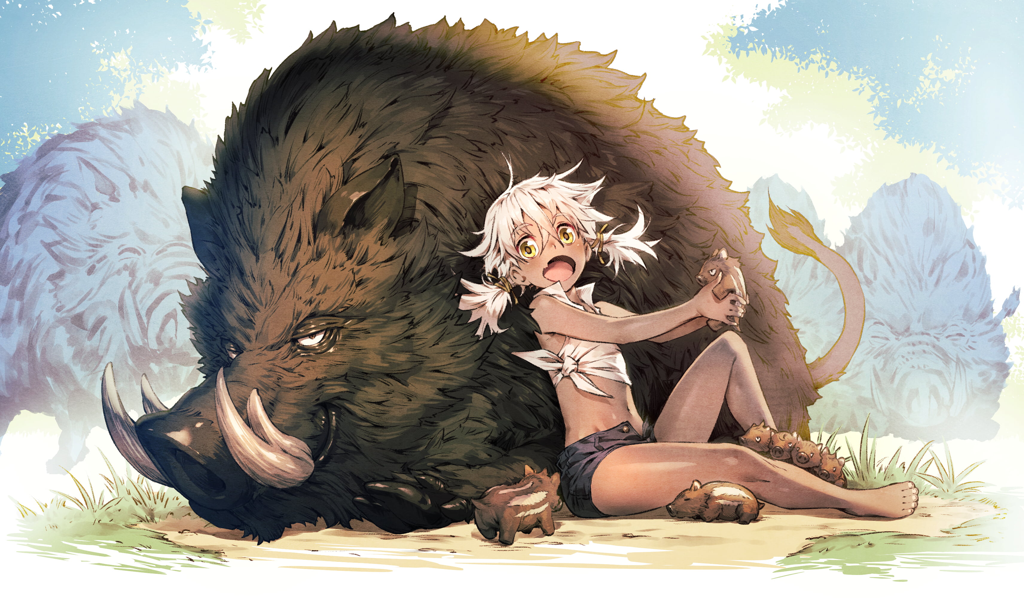 pigs, anime, Wild Boar, anime girls, Chyko, 2K, blonde, open mouth, yellow eyes, HD Wallpaper