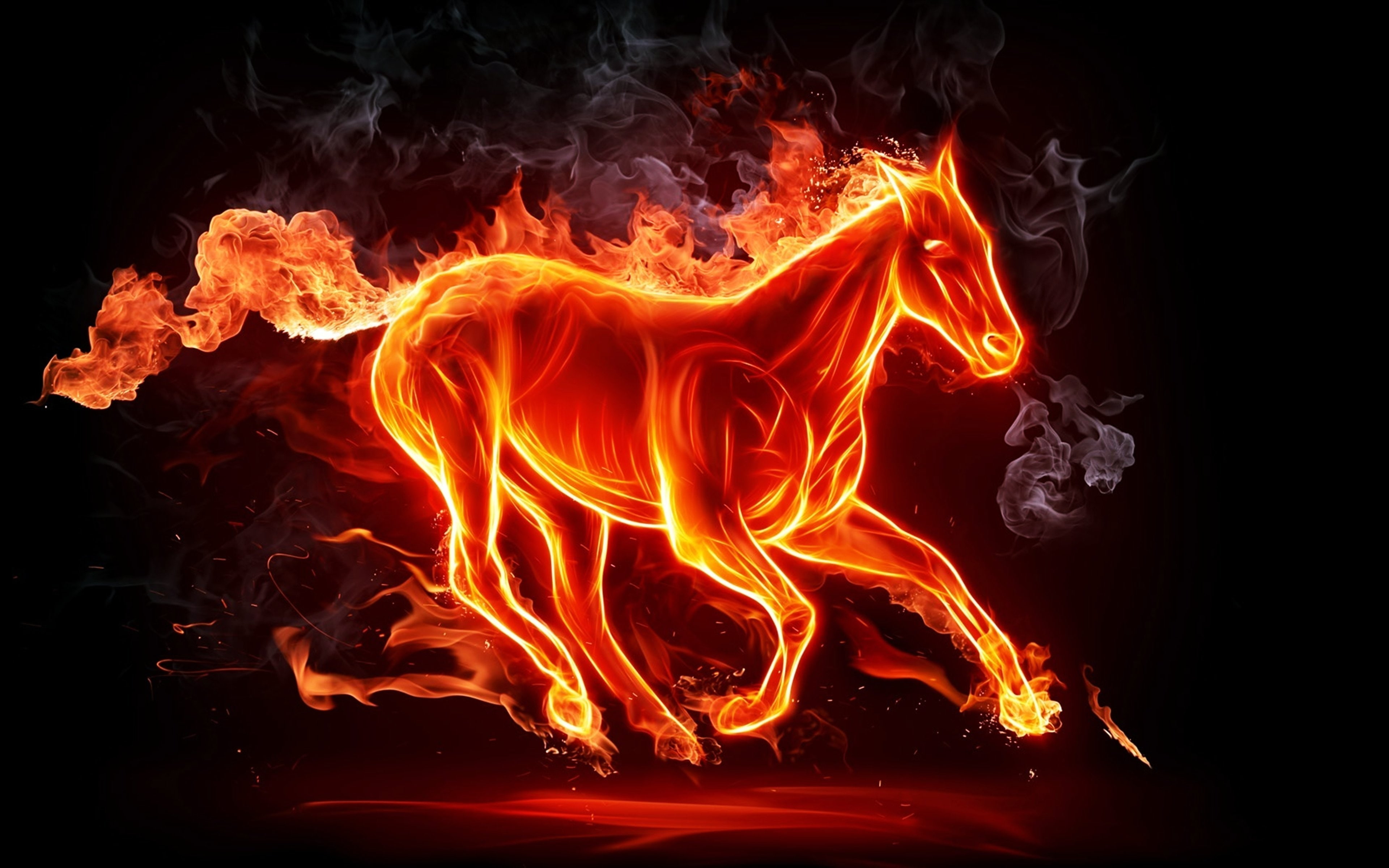 4K, Fires, art, smoke, Inflamed, abstract, background, Orange, horse, HD Wallpaper