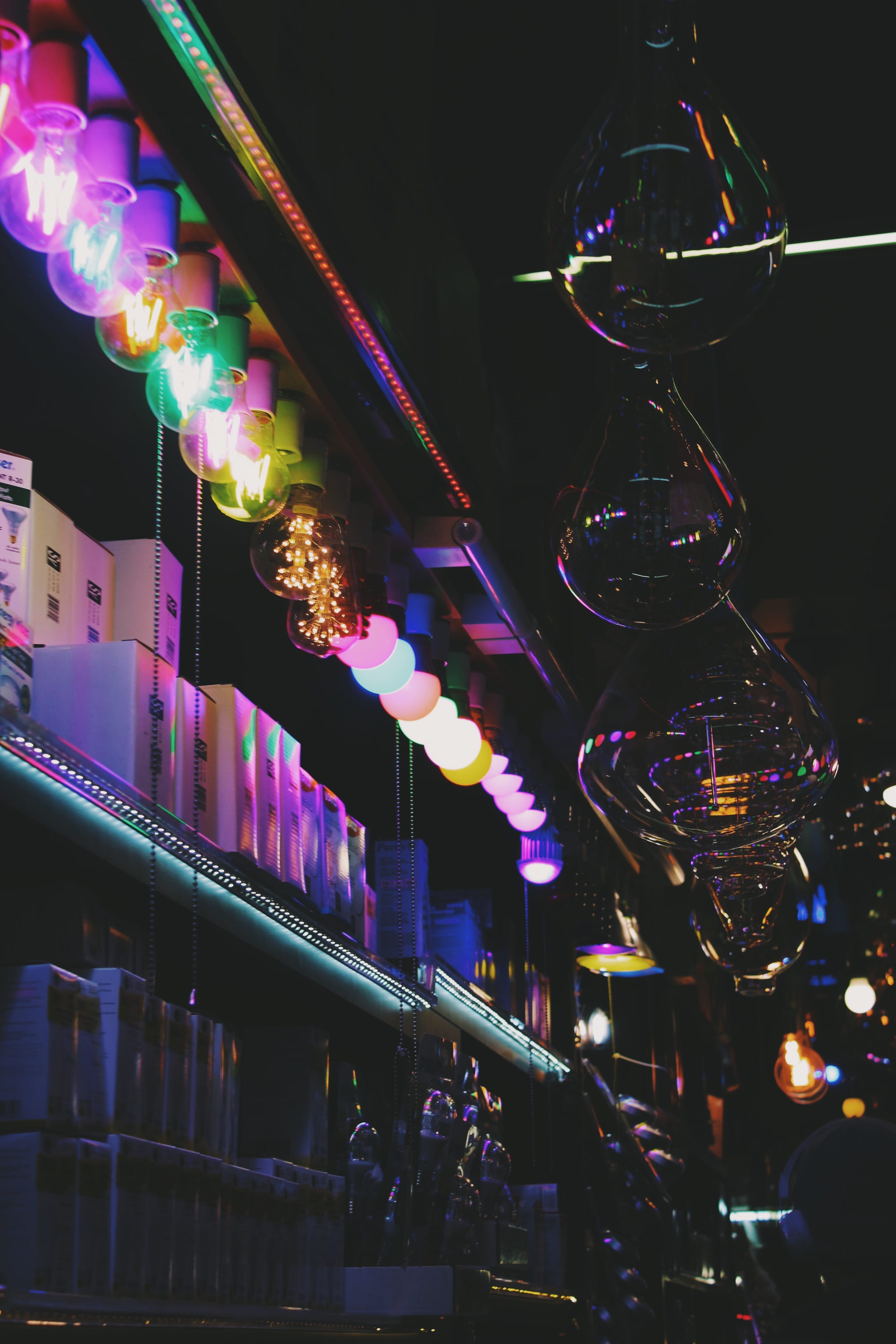 decoration, ceiling, new york city, consumerism, city life, bulbs, lights, electronic, neon, hanging, nightlife, lighting equipment, illuminated, colors, Phone HD Wallpaper