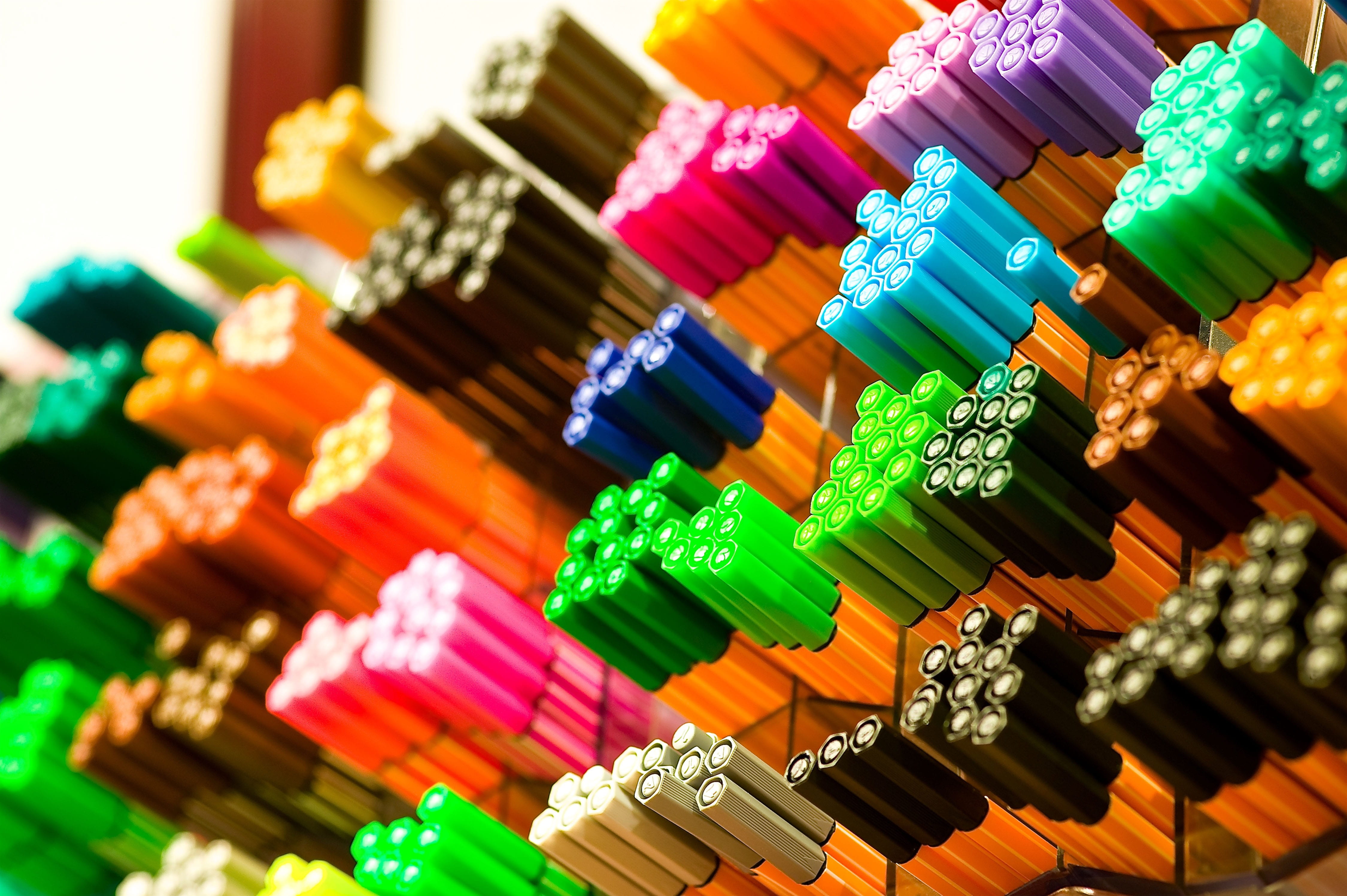 colored, photography, electronics store, pens, connection, close-up, colorful, green color, computer part, colors, colours, choice, business, variation, HD Wallpaper
