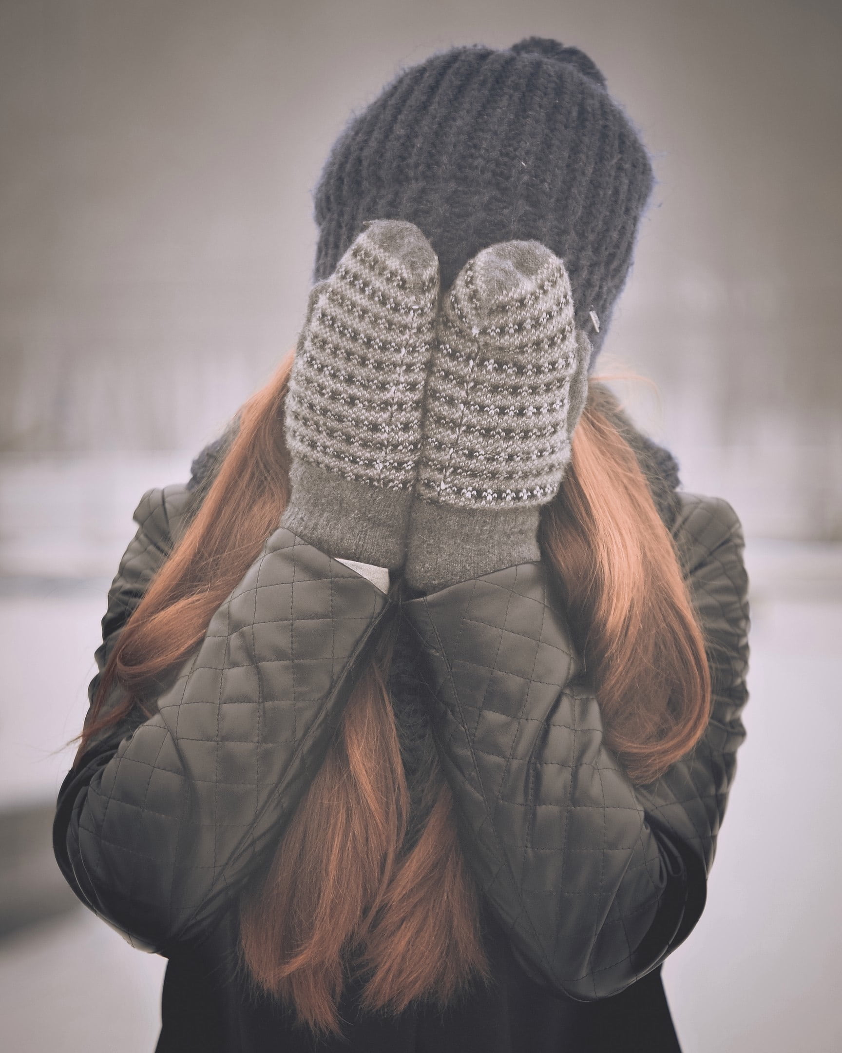 warm clothing, long hair, girl, woman, people, black, coat, outfit, obscured face, women, one woman only, fashion, day, covering, lifestyles, real people, Phone HD Wallpaper