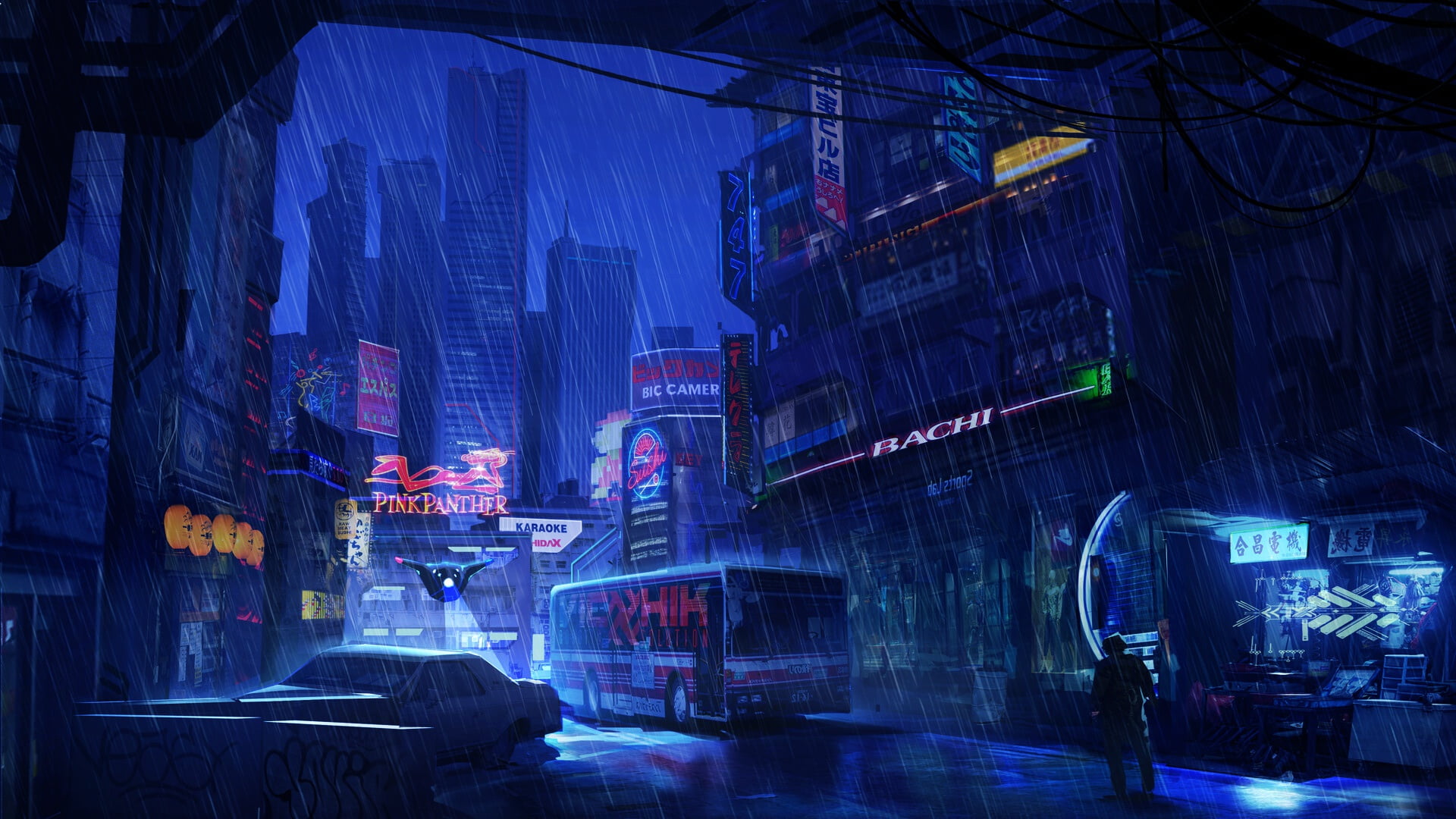 rain, night, artwork, futuristic, blue, futuristic city, dark, 1080P, HD Wallpaper