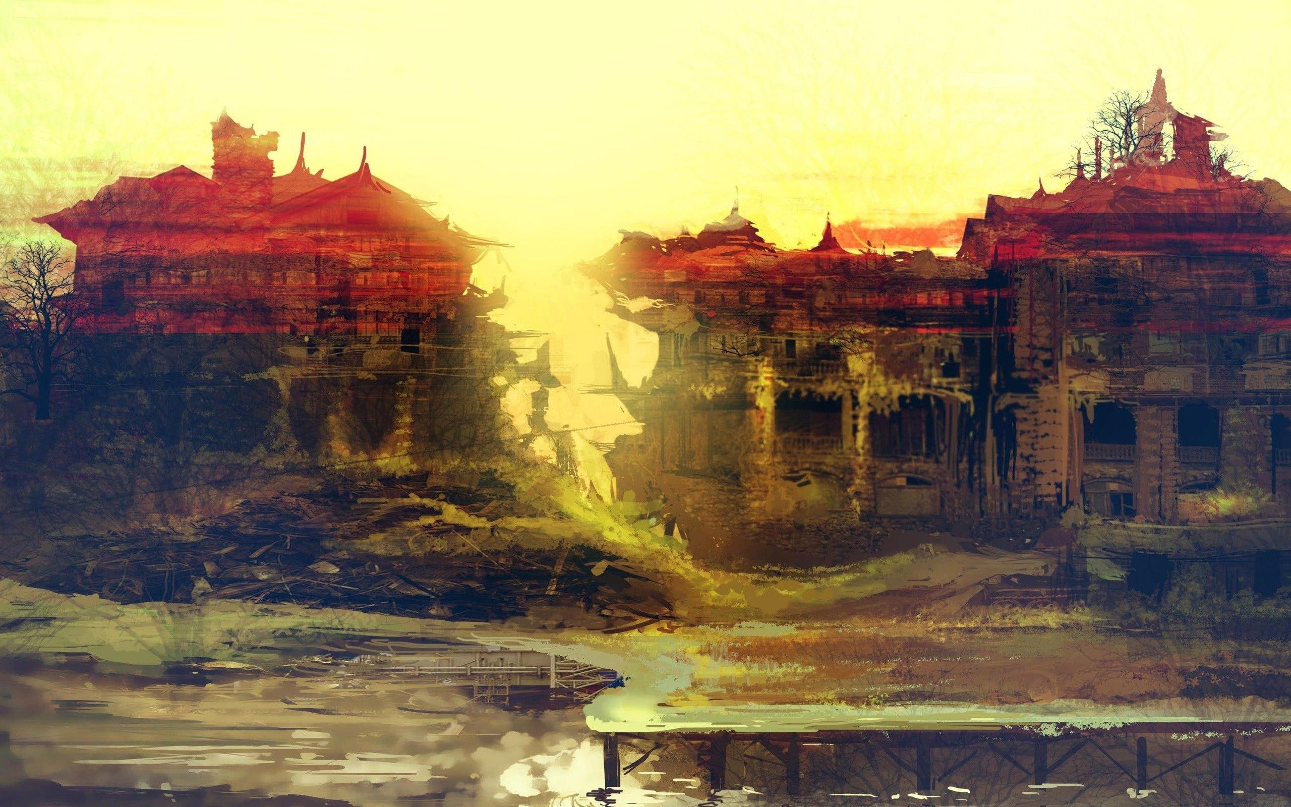 houses, decay, building, apinting, drawing, ruin, artistic, gray, three, urban, city, 2560x1600, red, 2K, HD Wallpaper