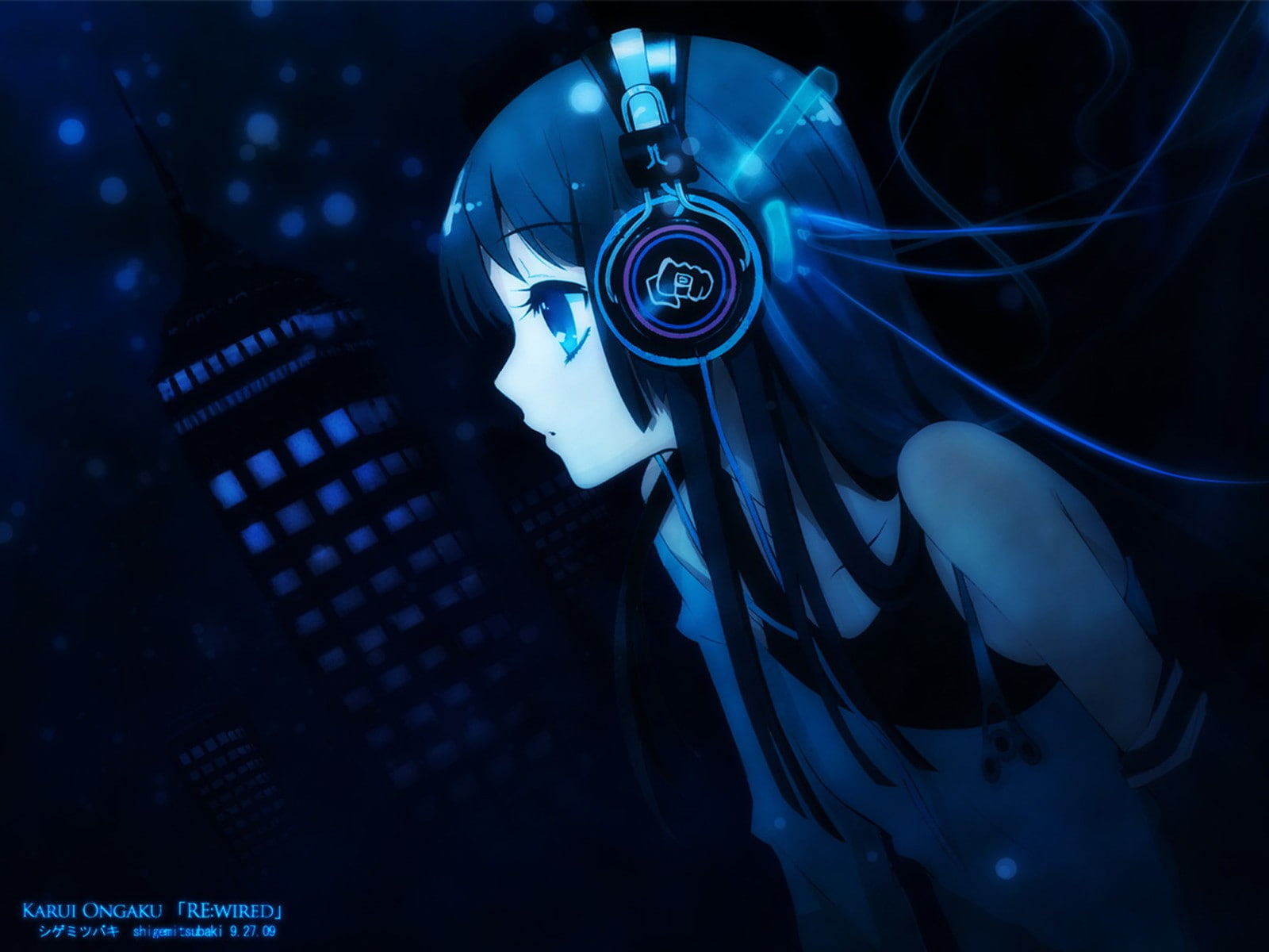 720P, headphones, dark, human hand, K-ON!, equipment, sea, underwater, blue, close-up, one person, water, hand, human body part, Akiyama Mio, technology, HD Wallpaper