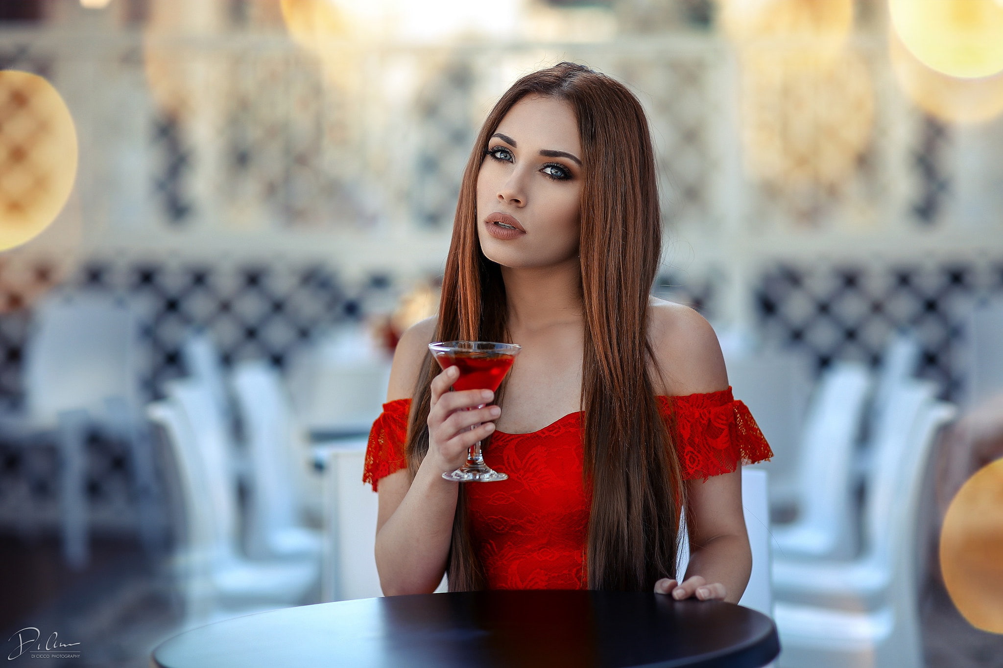 sitting, wine, hairstyle, bokeh, Drinkin Campari, dress, Alessandro Di Cicco, at the table, glass, makeup, in red, look, 1080P, portrait, Simona Hyun, HD Wallpaper