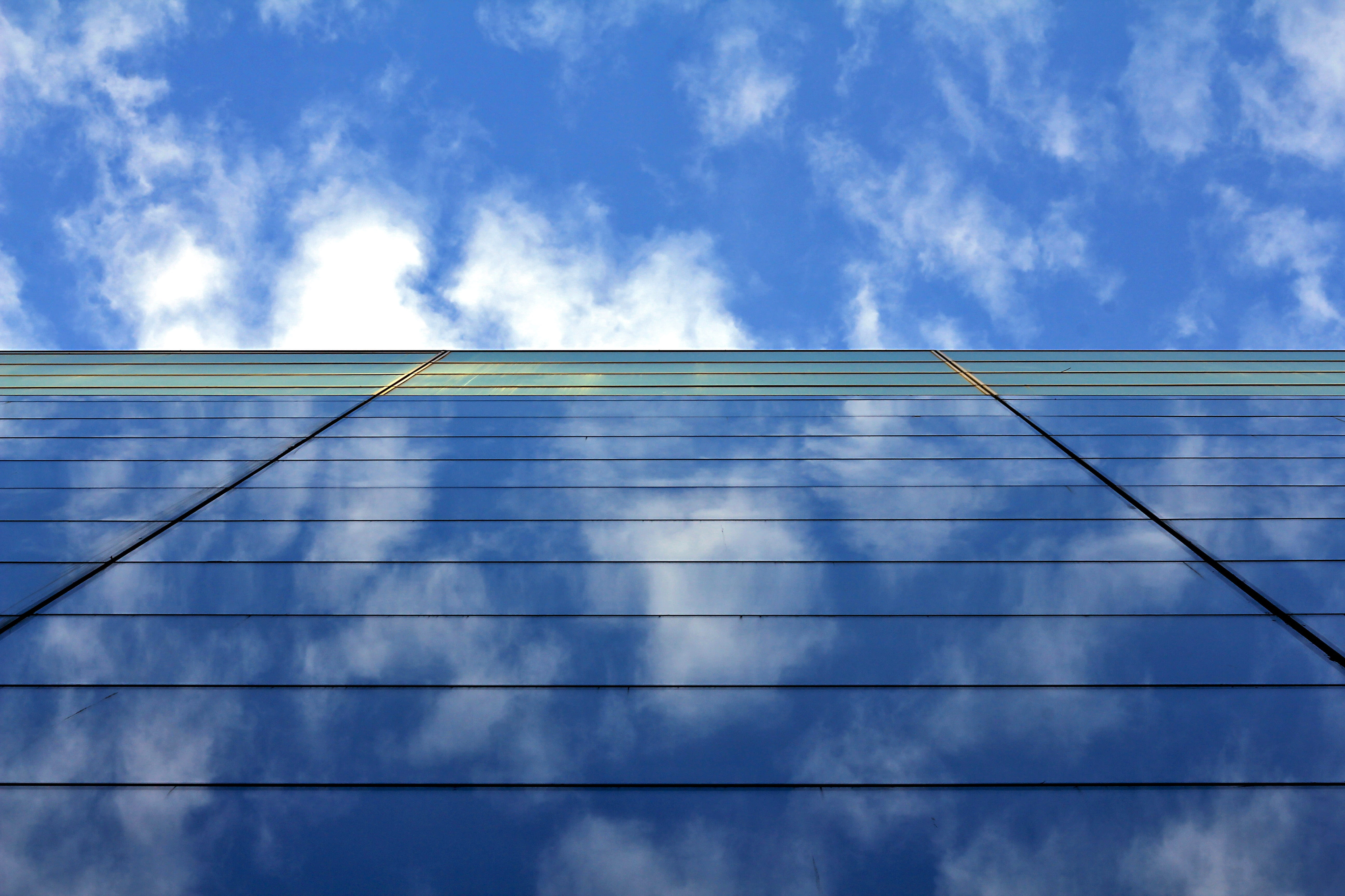 power supply, bank, reflection, outdoors, nature, progress, blue, leadership, steel, lines, cloud - sky, business, 5K, office, structure, street, blue sky, HD Wallpaper