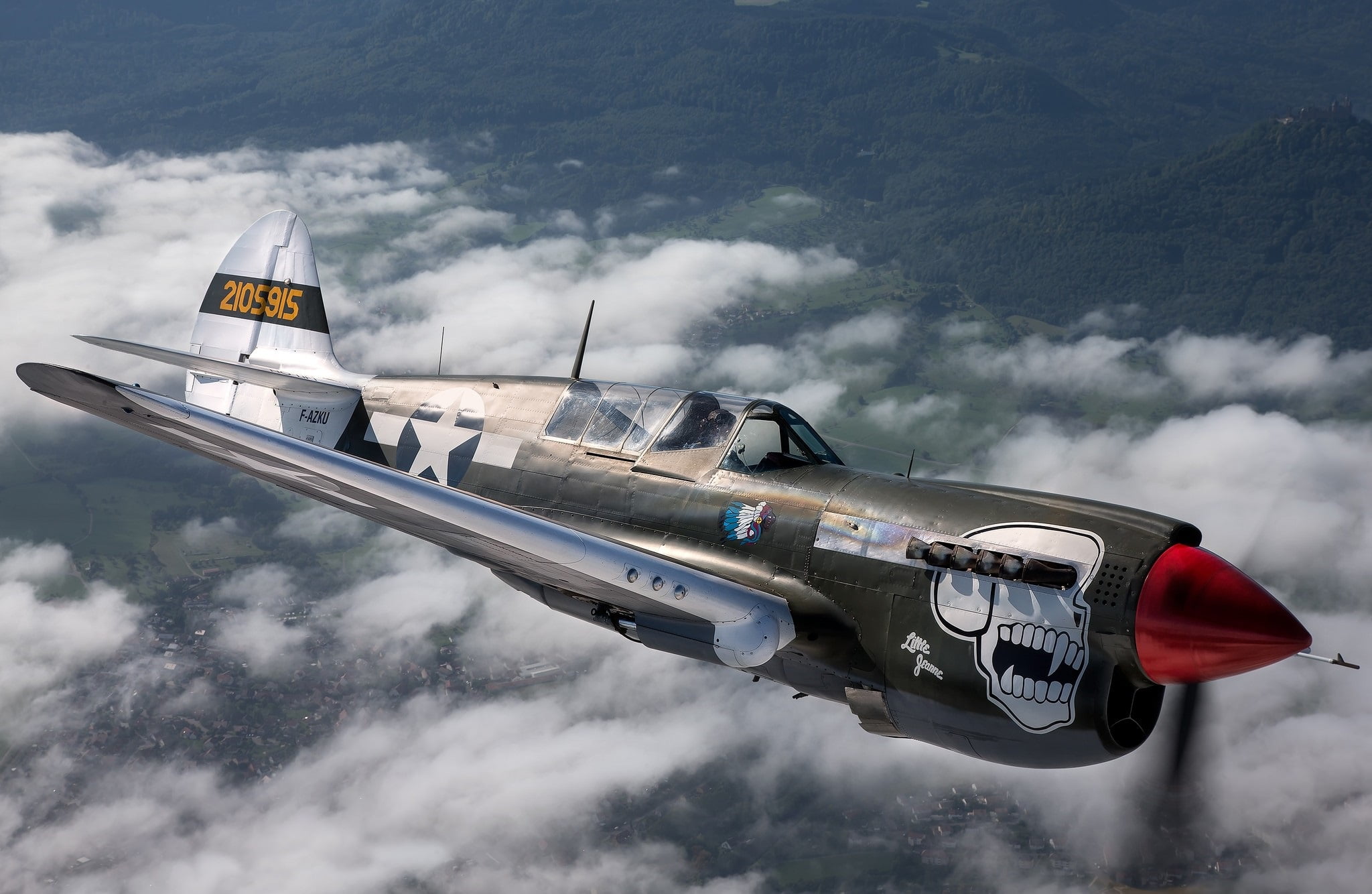 Curtiss P-40, 1080P, skull, the plane, flies, HD Wallpaper