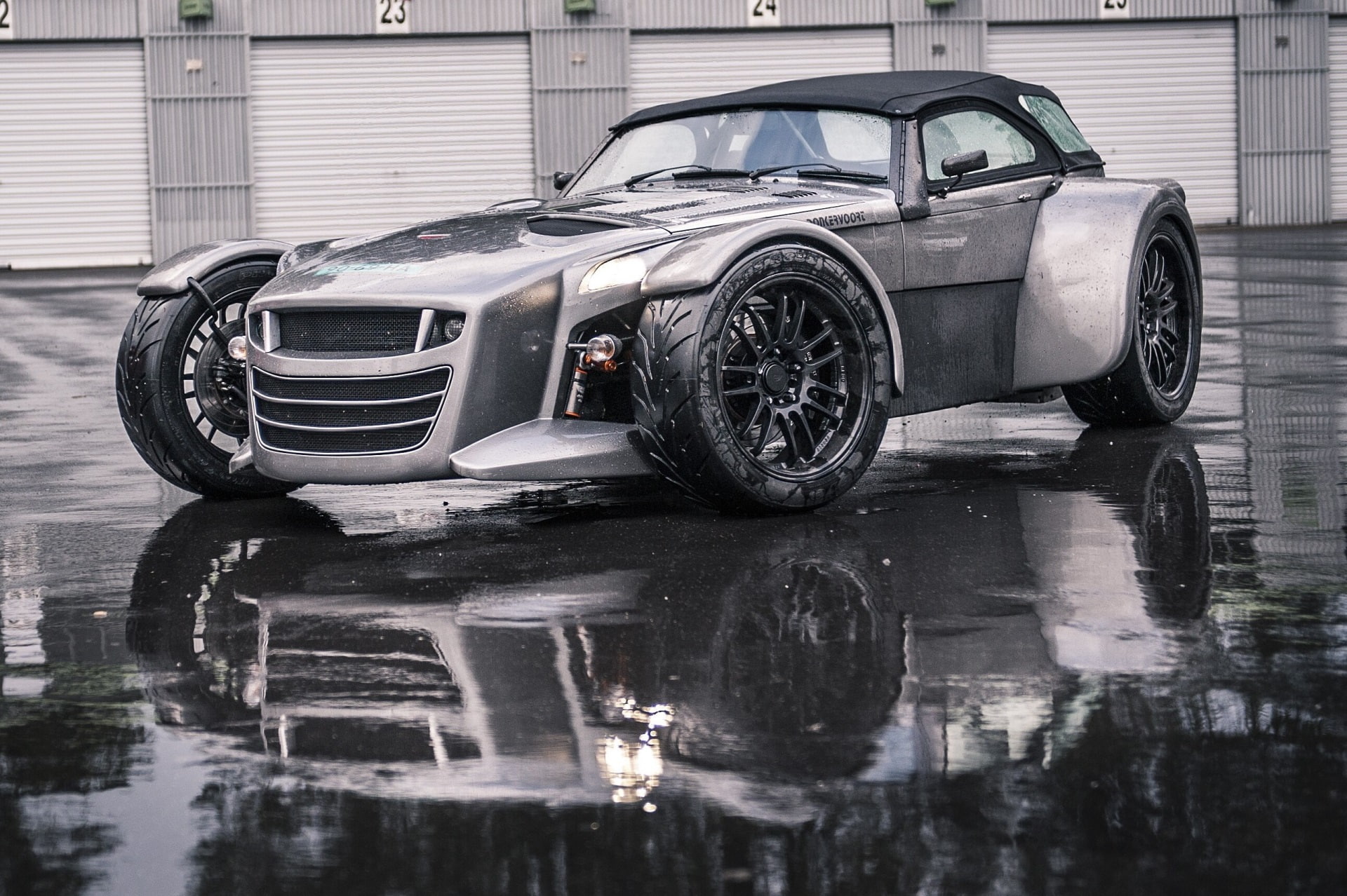 1080P, garage, day, car, land vehicle, retro styled, wet, water, rainy season, vintage car, architecture, reflection, motor vehicle, mode of transportation, HD Wallpaper