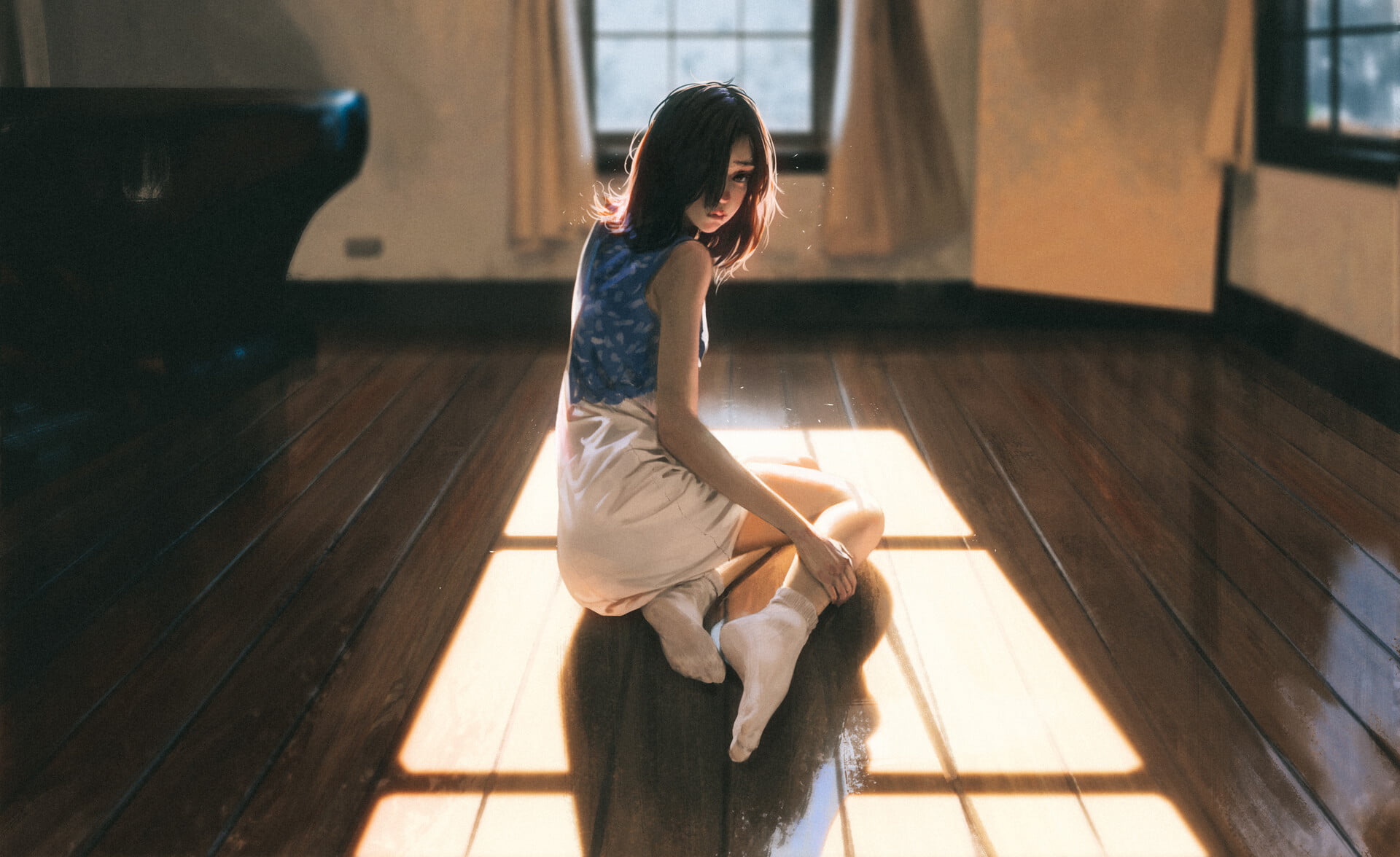 women, looking at viewer, artwork, socks, women indoors, on the floor, wooden surface, 1080P, Rui Li, shadow, window, Sun, HD Wallpaper