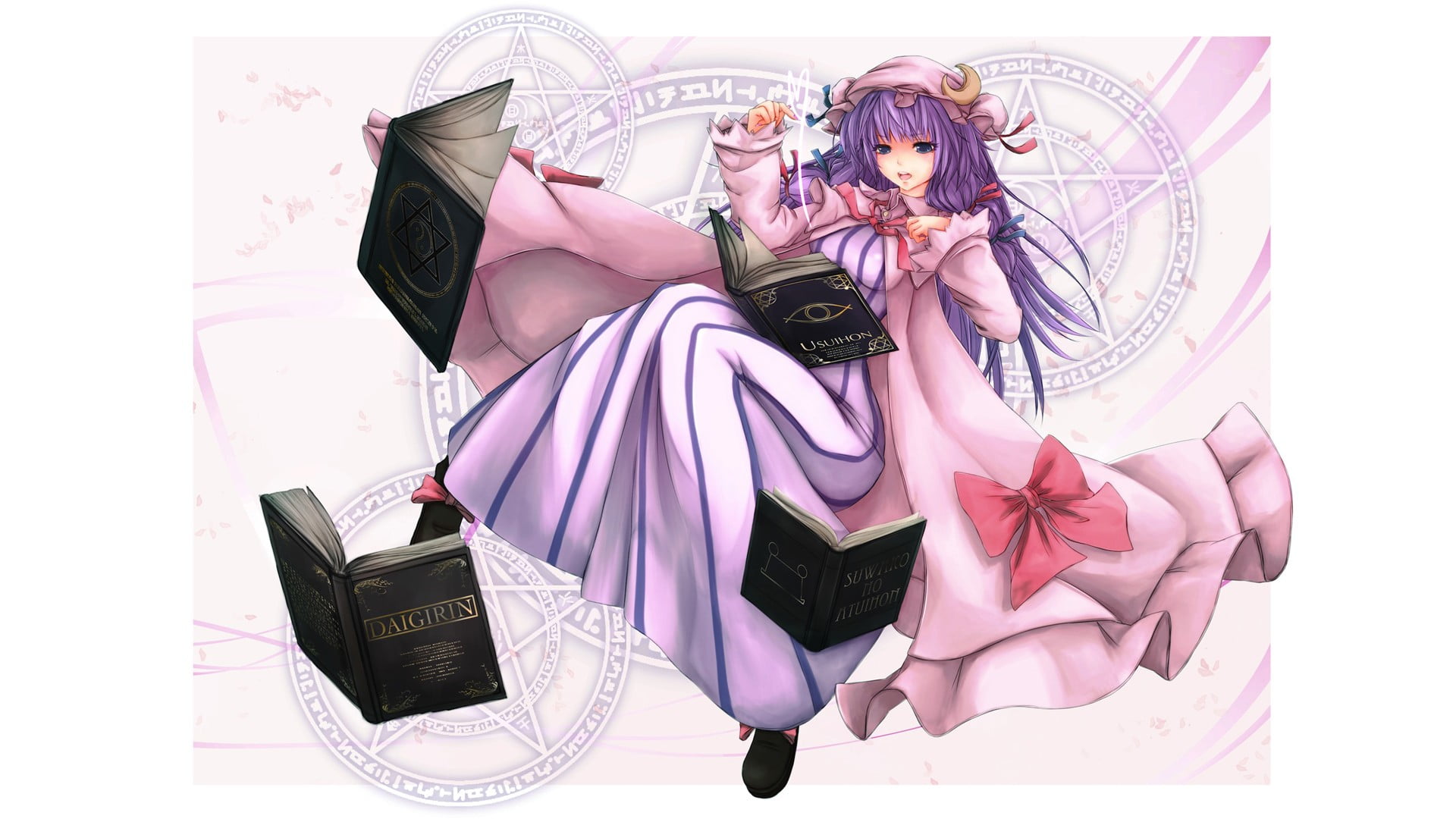 books, arts culture and entertainment, traditional clothing, crescent moon, people, pink color, event, Touhou, purple, white background, two people, young adult, HD Wallpaper