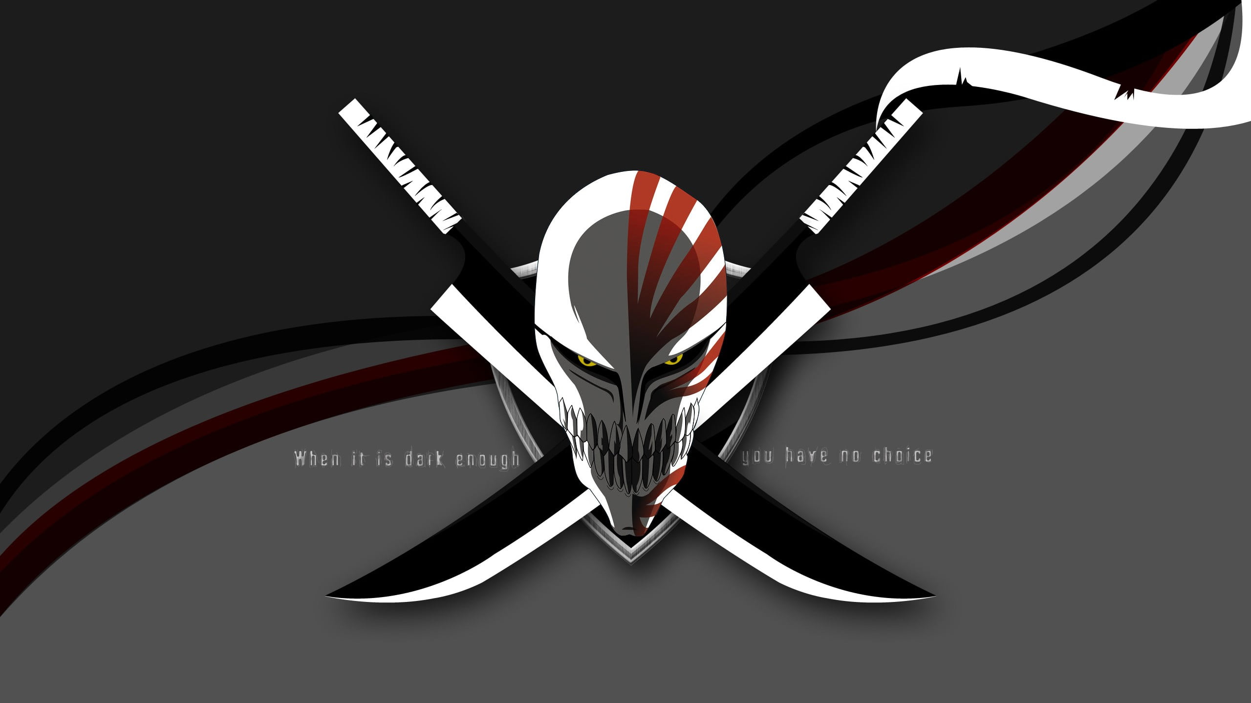 creativity, shape, emotion, studio shot, mask, cross, Hollow, swords, Bleach, circle, black background, metal, symbol, skull, 2K, striped, text, illustration, HD Wallpaper