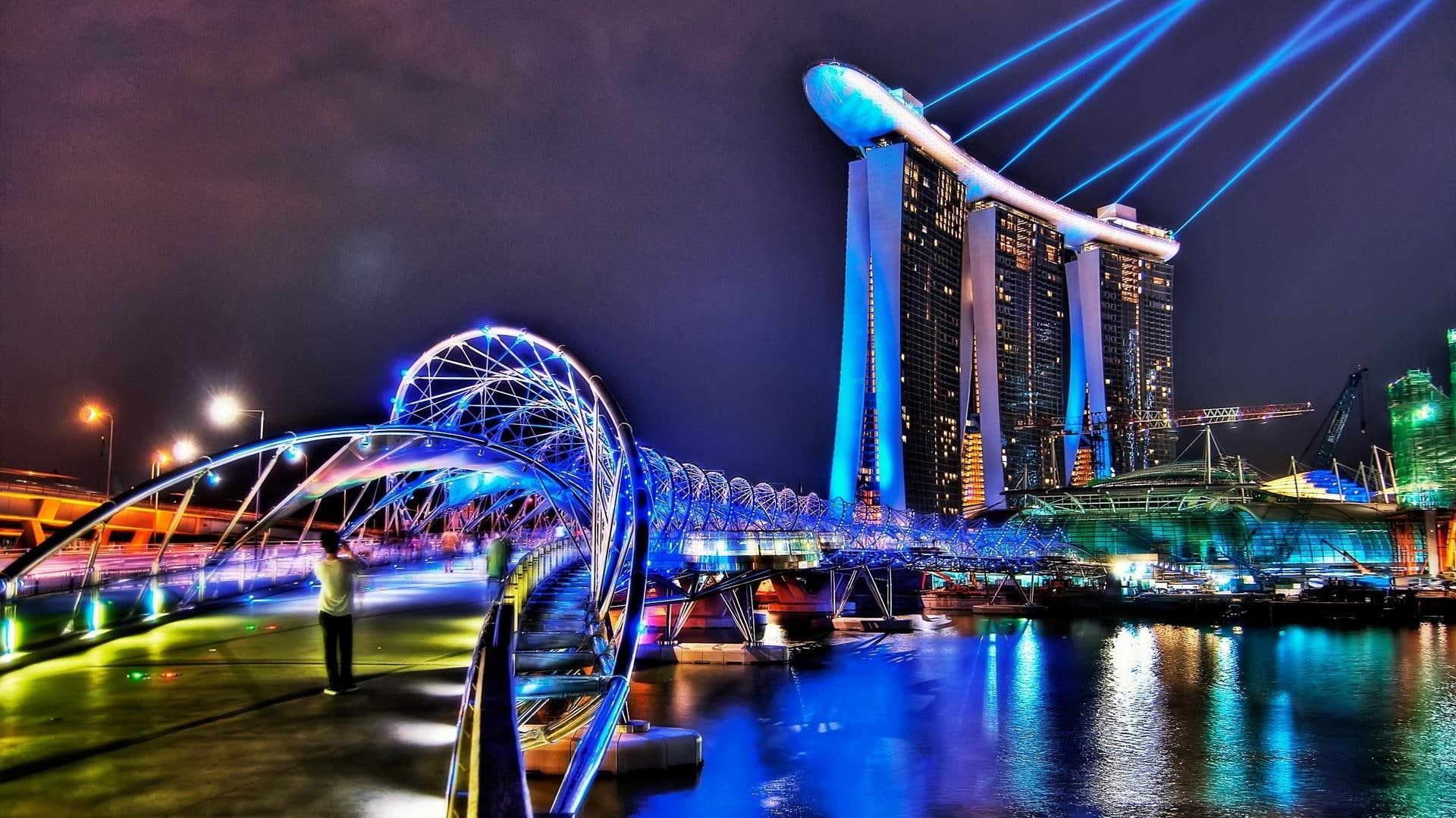 bridge, mgm, magnificent, modern, 1080P, grand, city, night, lights, hdr, nature and landscapes, HD Wallpaper