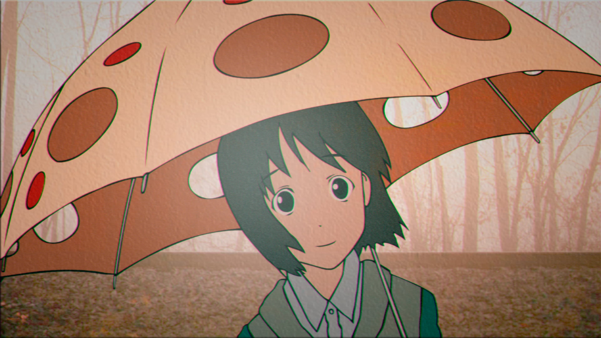 trees, 1080P, anime girls, Nakahara Misaki, forest, NHK ni Youkoso!, schoolgirl, Welcome to the NHK, fall, umbrella, HD Wallpaper