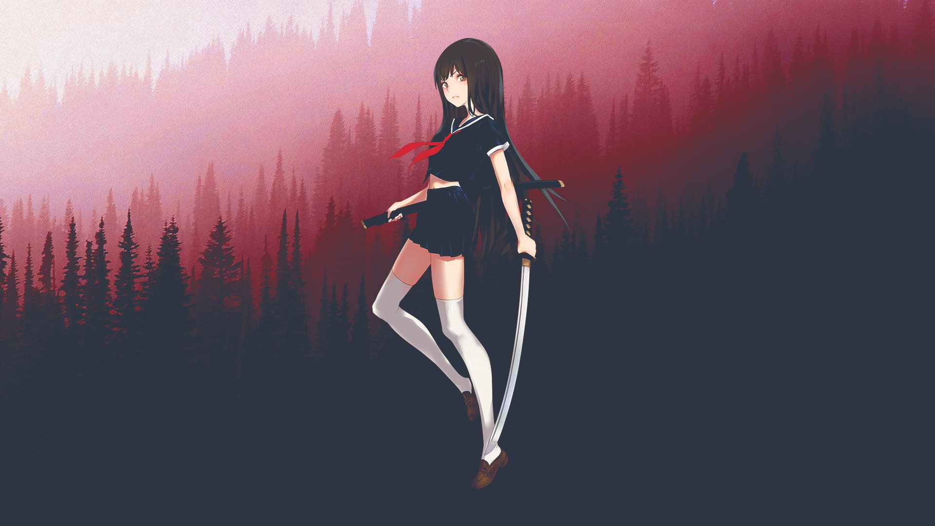 picture-in-picture, katana, 1080P, anime girls, Blood-C, HD Wallpaper