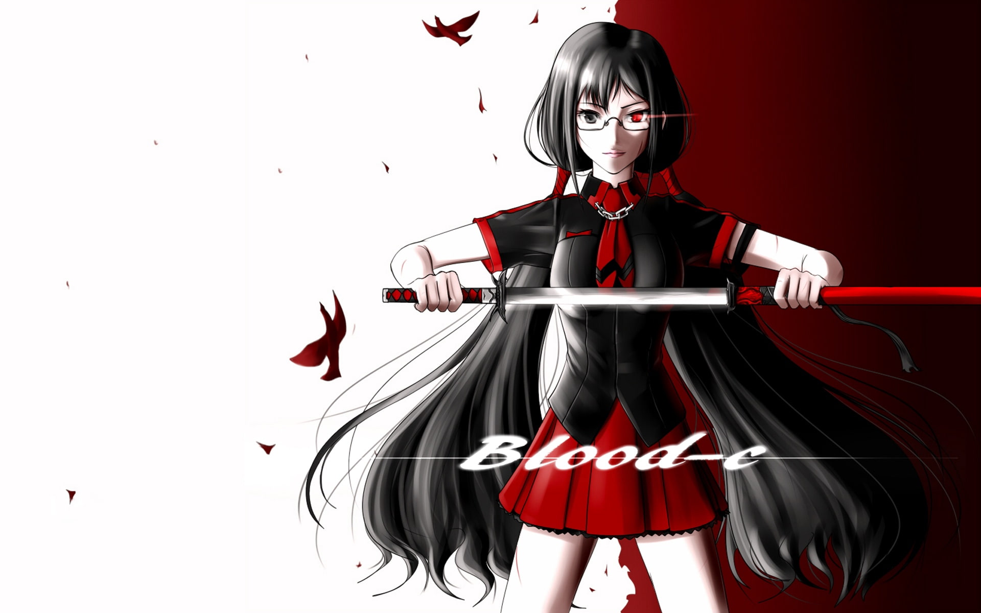 pose, glasses, 1080P, brunette, sword, girl, blood-c, HD Wallpaper