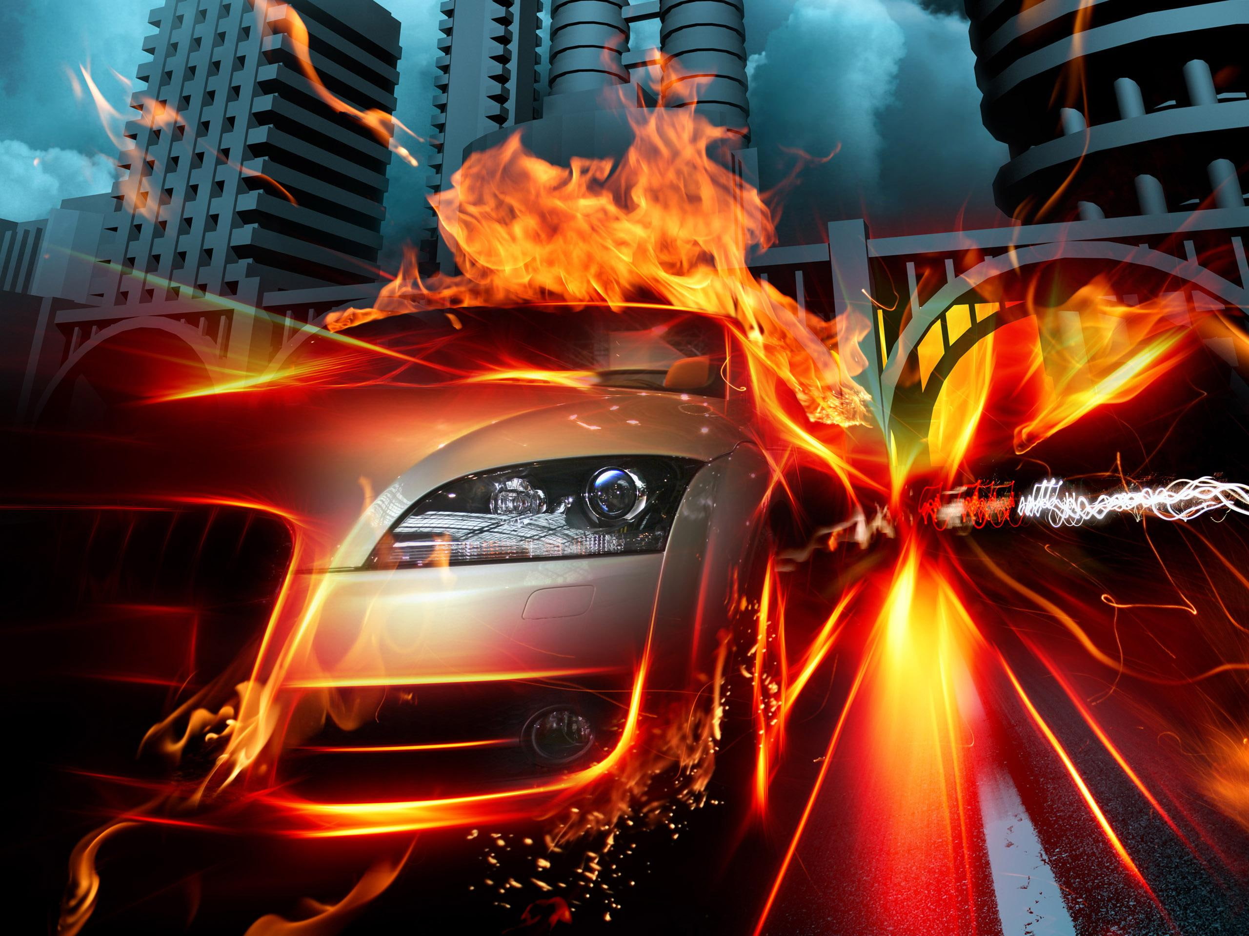 city, car, fire, creative and graphics, 2K, hq, HD Wallpaper